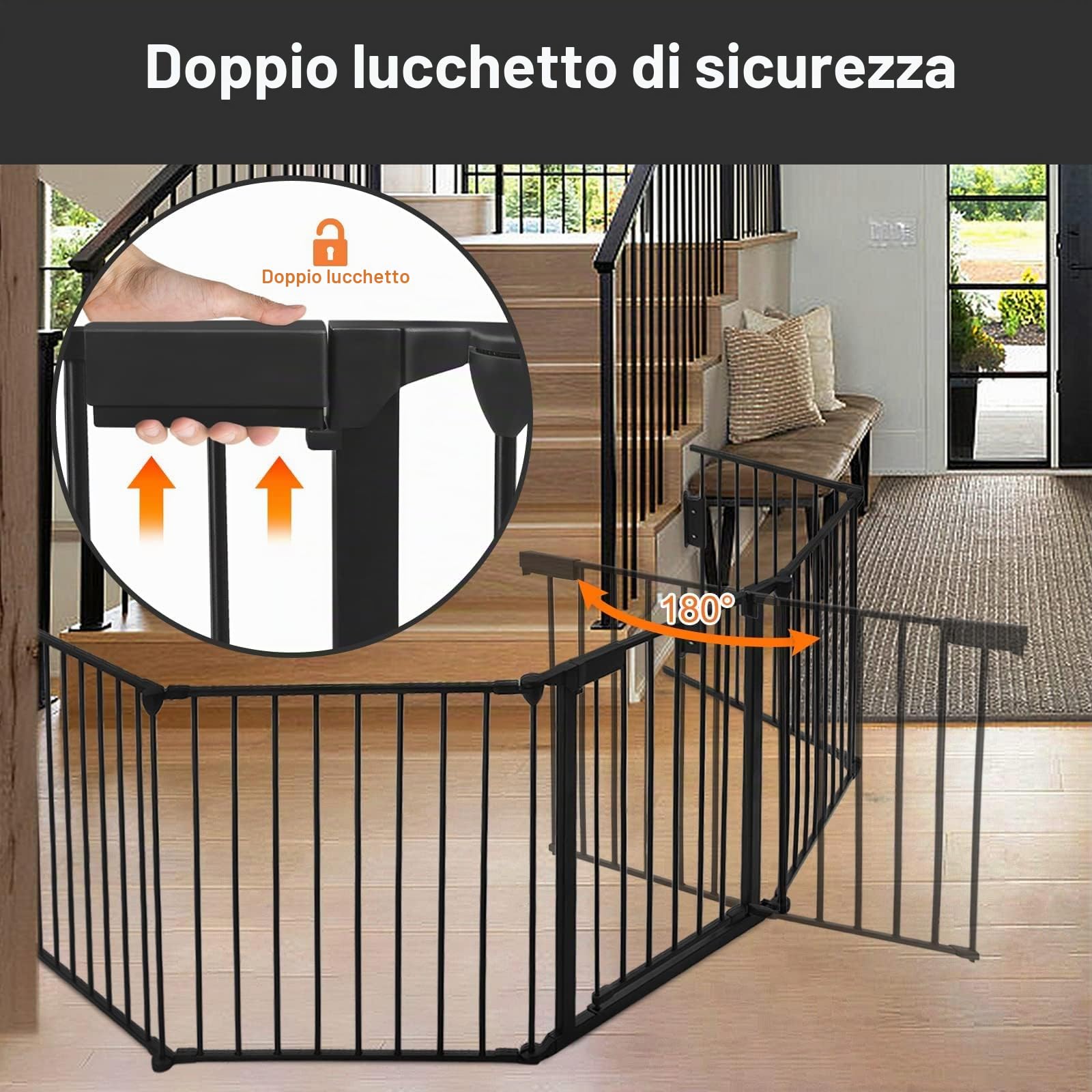 LARS360 griglia di protezione per camino, 300 cm, con porta, 5 elementi, pieghevole, sospensione, box e protezione, per neonati e bambini (75 x 60 cm, 2 serrature)