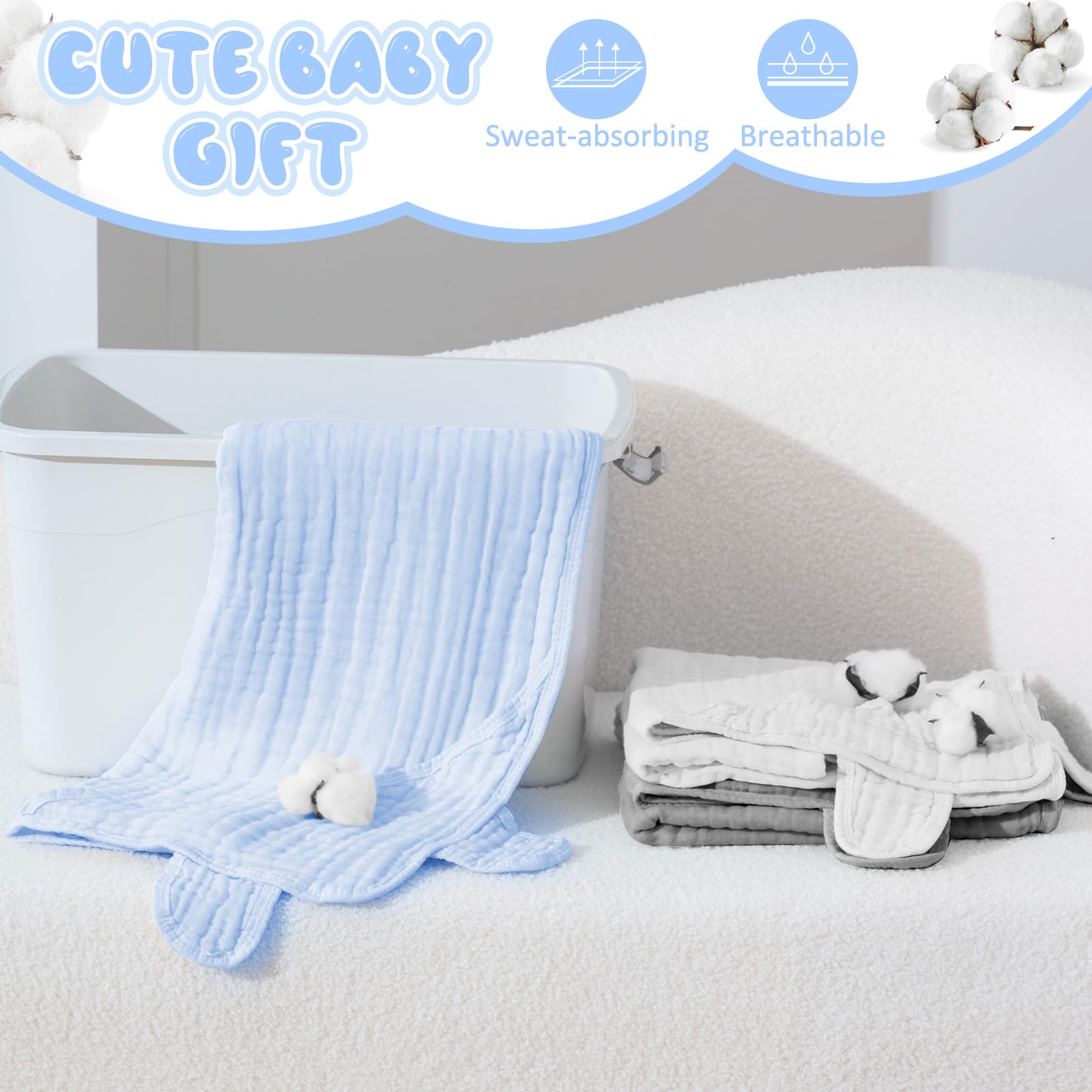 Preboun 6 toallas de muselina con capucha para bebé, de algodón, absorbentes, de 6 capas, lindas toallas de baño para recién nacidos, niñas, niños pequeños, suministros de regalo (gris, azul, blanco)