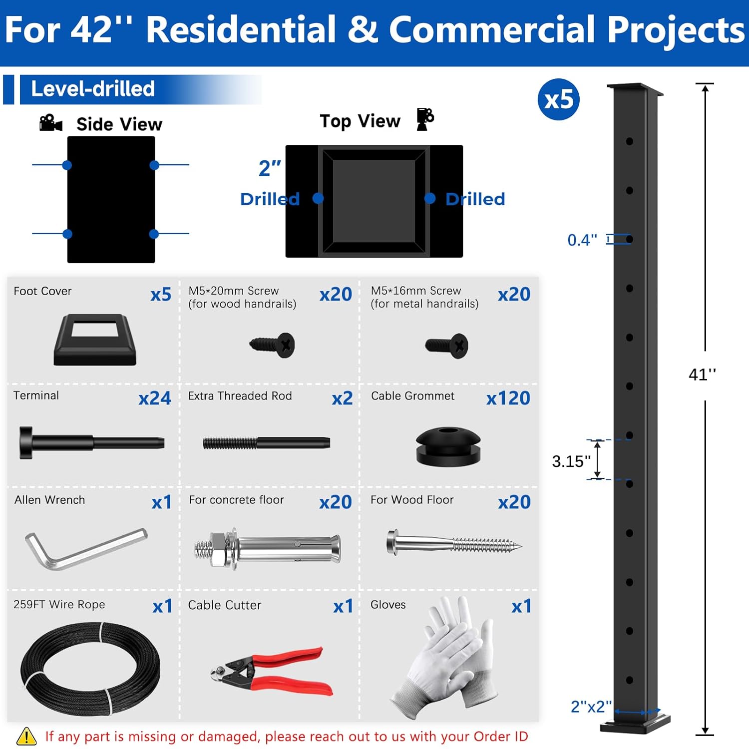 16ft-20ft Modular Cable Railing Post Kit 42" T304 Stainless Steel 5 Level Post Kit, Surface Mount Black Cable Railing System for Decks Length Adjustable Easy DIY, 259ft 1/8" Wire(No Handrail)