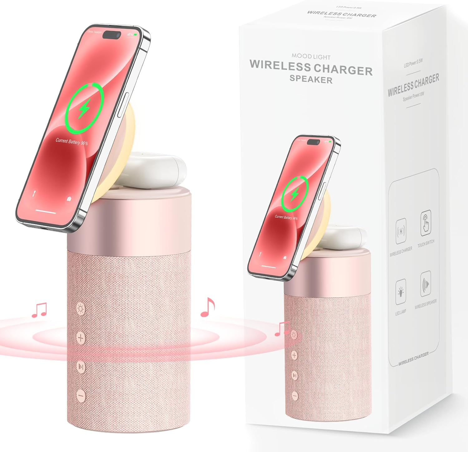COLSUR Bluetooth Speaker with Night Light, Magnetic Wireless Charger, 2 in 1 Wireless Charging Station for iPhone 16/15/14/13/12 Series, AirPods Pro/3/2, Gift for Teens/Women/Girls/Boys/Man Pink