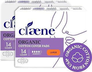 Claene Organic Cotton Cover Pads, Menstrual Large Pads for women, Unscented, Breathable, Natural Sanitary Napkins with Wings (2Pack, Total 28)