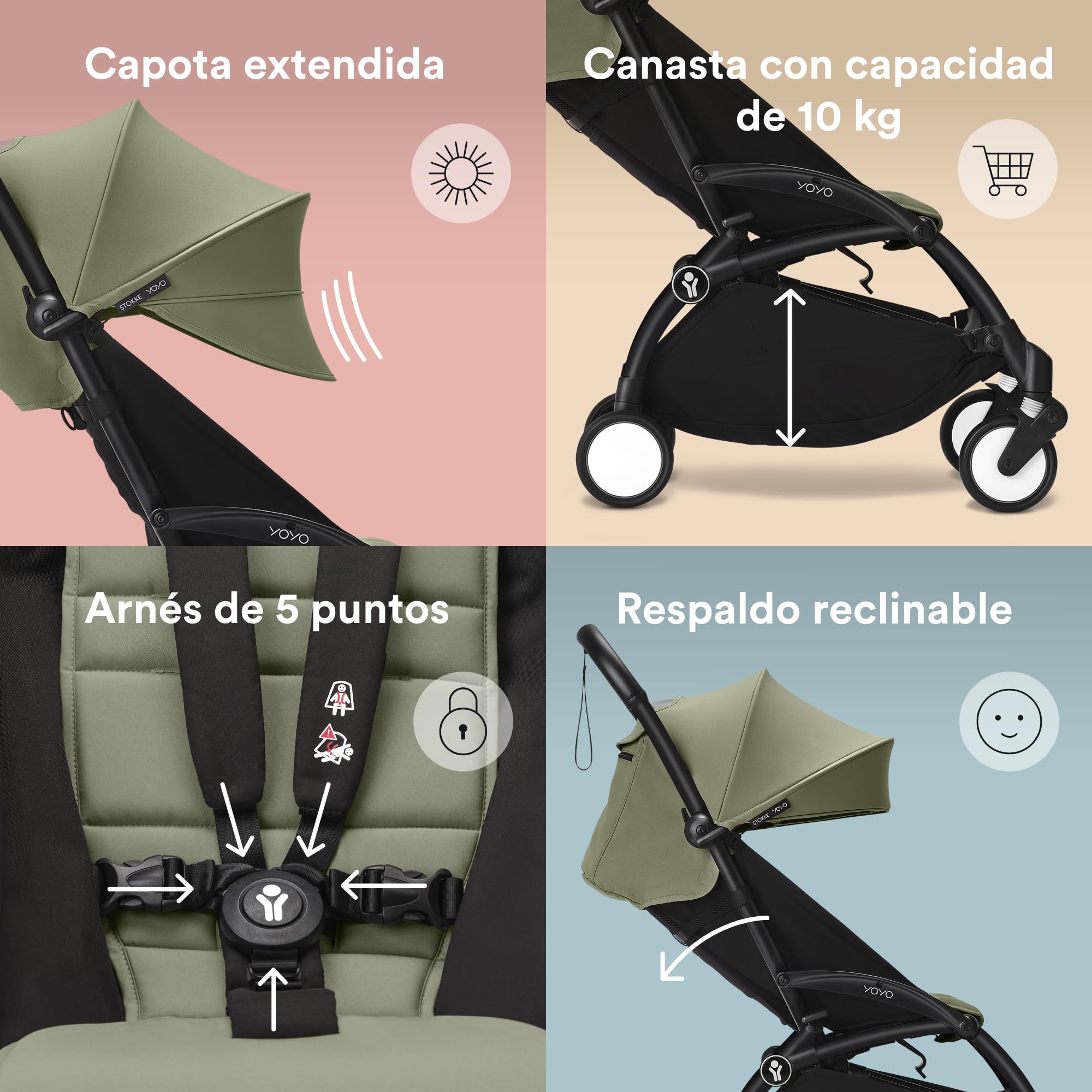 Cochecito Stokke YOYO3 a partir de 6 meses - Incluye chasis negro/cojín de asiento Olive + dosel - Se pliega y despliega en un instante - Ligero y compacto - Compatible con equipaje de mano