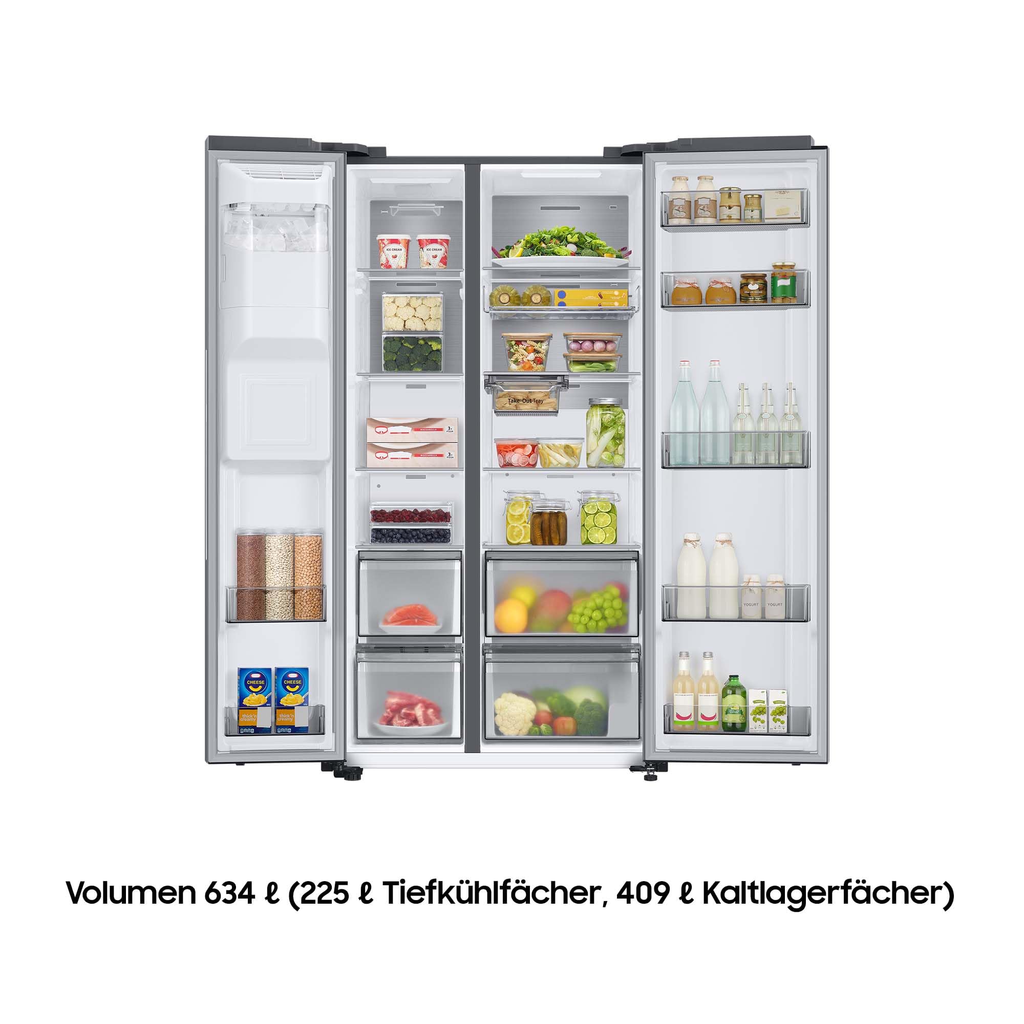 Samsung Side-by-Side-Kühlschrank mit Gefrierfach, 178 cm, 634 l Gesamtvolumen, 225 l Gefrierteil, AI Energy Mode, Wasser- und Eisspender, Frischwasseranschluss, Edelstahl-Look, RS6GCG885DS9EG