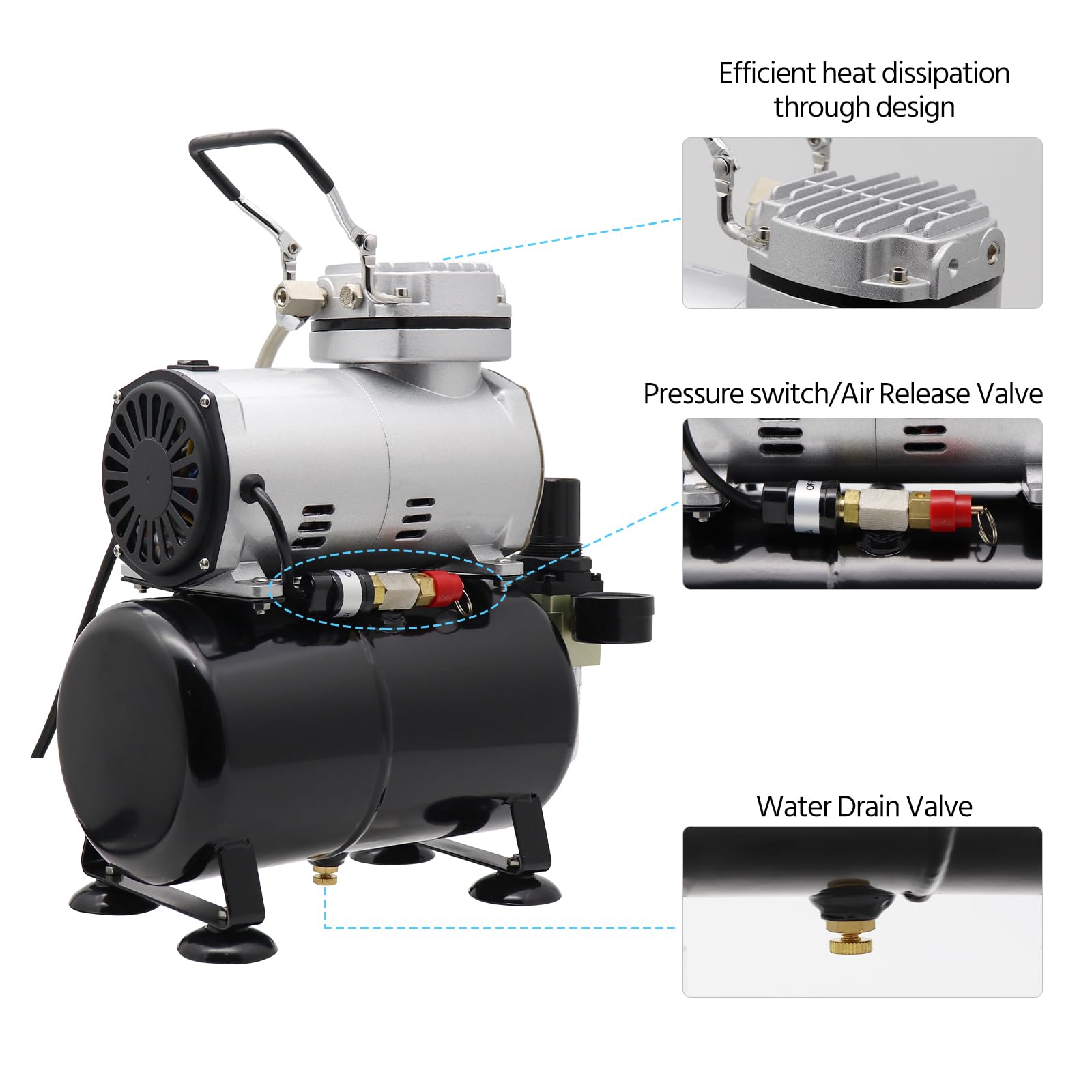 Compressore Airbrush Free – Mini compressore professionale a pistone singolo con serbatoio da 3 litri, regolatore e sifone per hobby, pittura, decorazione torte, tatuaggi, grafiche