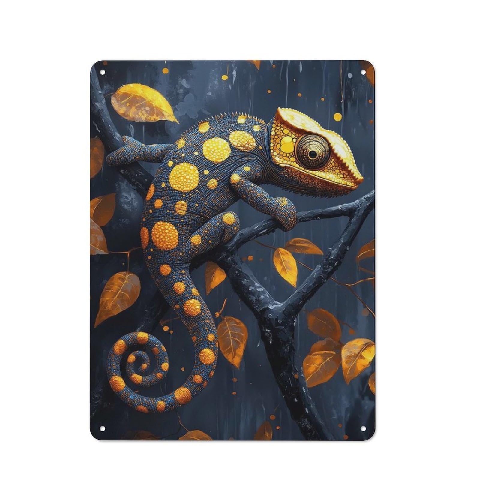 Junmoney Style-20 Chameleon On Branch With Golden Leaves Clean Industrial Metal Wall Decor 40X30cm, Decorative Metal Plaque For Workspace, Cafe, Hallway Or Garage