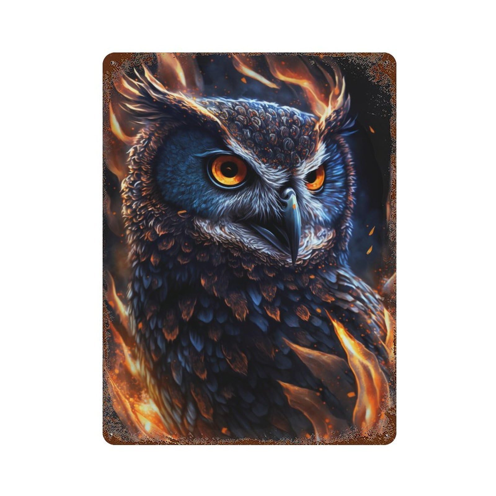 Garage Style Flaming Owl Artwork -1 Decorative Tin Sign 15.7"x11.8", Shabby Chic Decor for Bar And Workshop