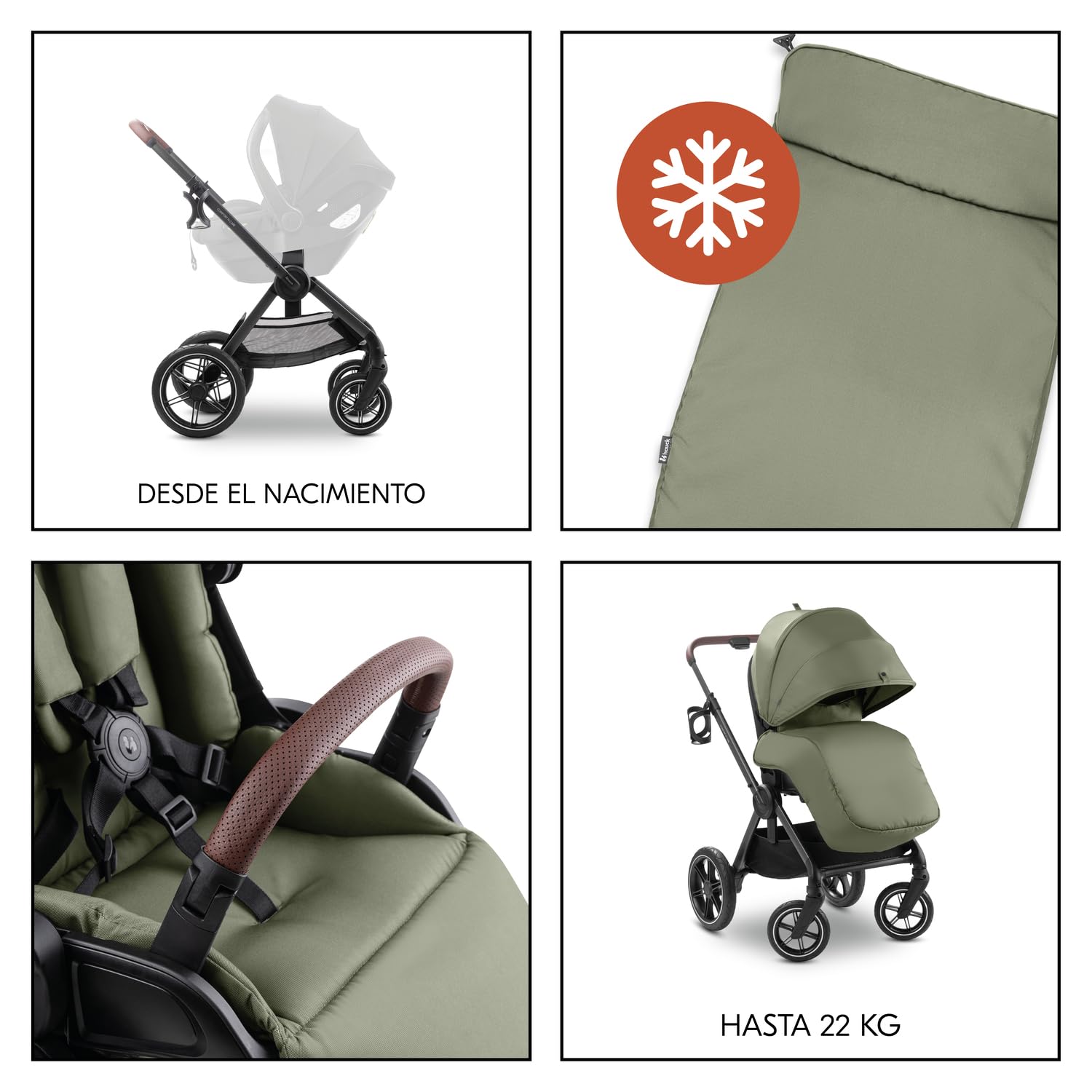 hauck Comfort N Care Carrito Bebe desde Nacimiento hasta 22 kg - Reversible y Reclinable - Capota XL UPF 50+ - Silla de Paseo con Suspensión - Cubrepiernas y Portavasos - Oliva