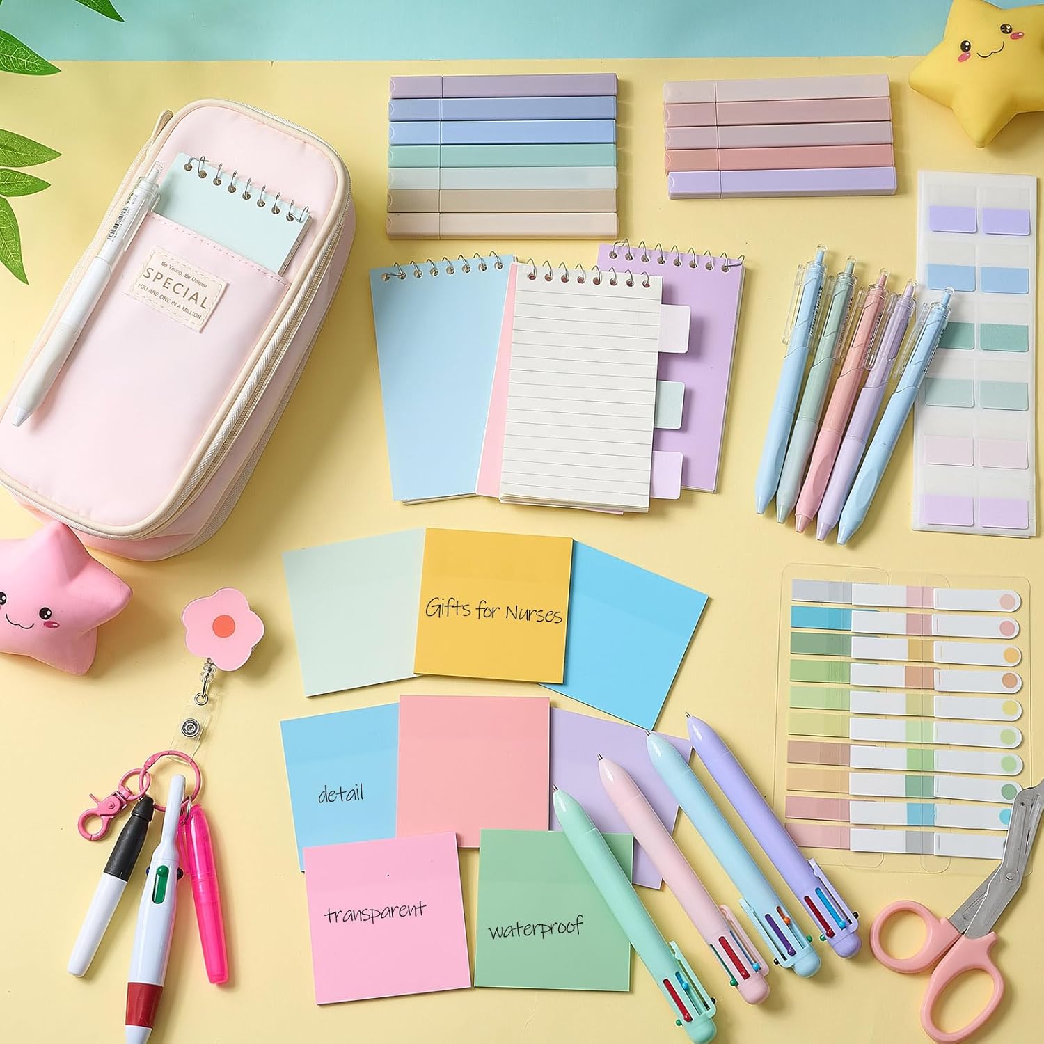 Jutom 50 Pcs Nursing School Cna Essentials for Students Work Aesthetic Stationery Gift Include Medical Scissors Badge Reel Transparent Sticky Notes Pens Notebook Pencil Case Highlighter Label(Pink)