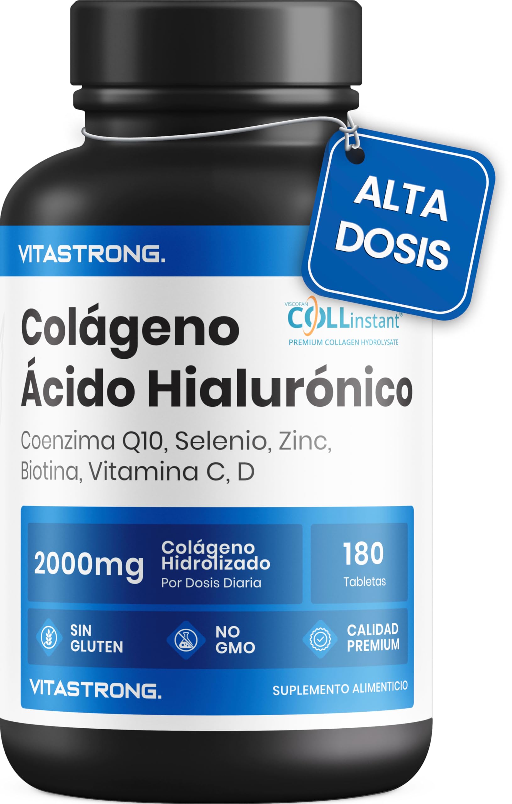 COLAGENO HIDROLIZADO 2000mg Vitastrong - COLLinstant® Colágeno Hidrolizado y Acido Hialuronico con Biotina, Coenzima Q10, Zinc, Selenio, Vitamina C, Vitamina D - Fórmula Eficaz