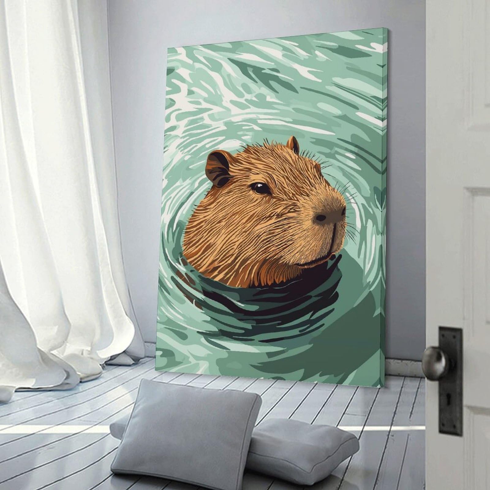 Junmoney Capybara in Water Illustration Wall Picture Print 12x18inch(30x45cm), for Corridors, Hallways Or Apartment Entries, Wall Decor to Refresh Empty Corners