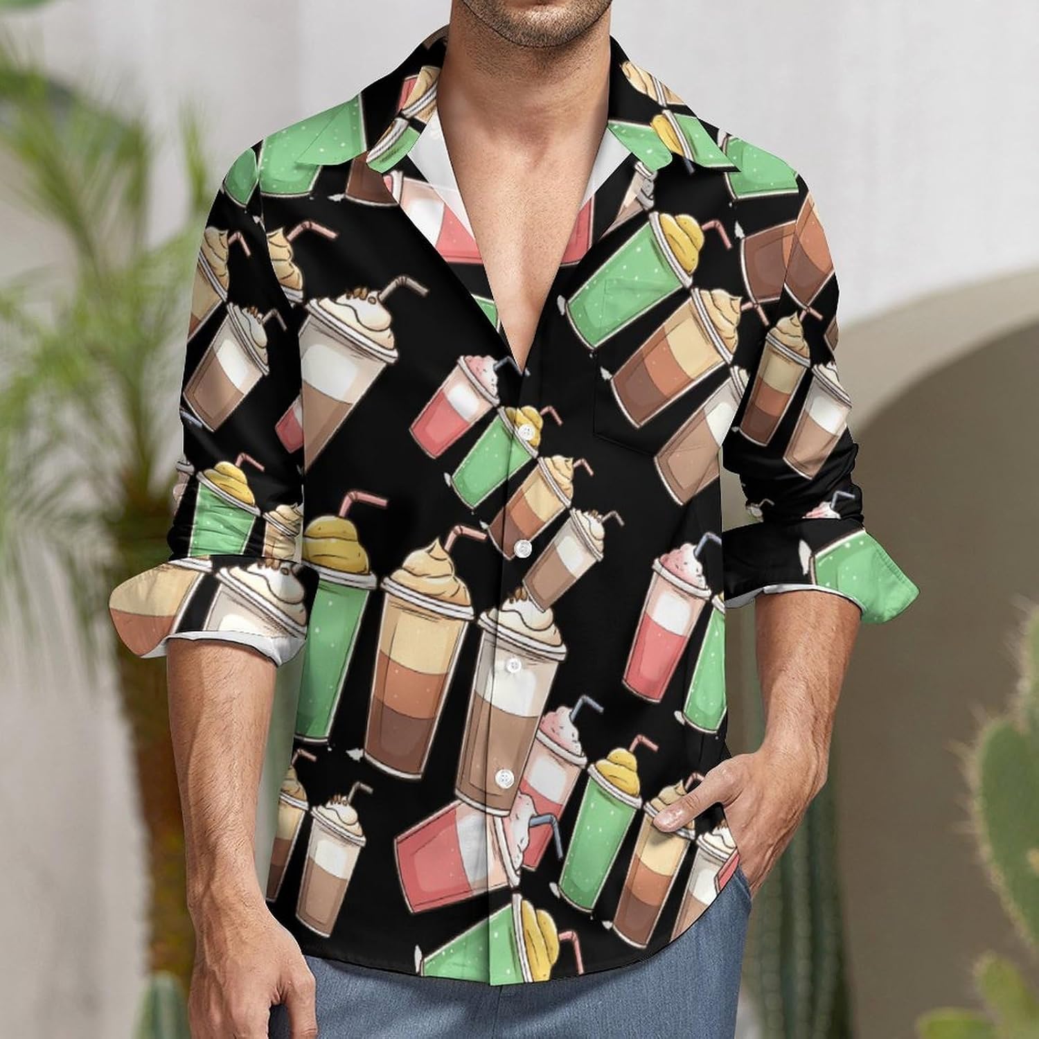 Coffee Drinking Cup Long Sleeve Shirts Casual Dress Shirt Button-down T-shirts for Men