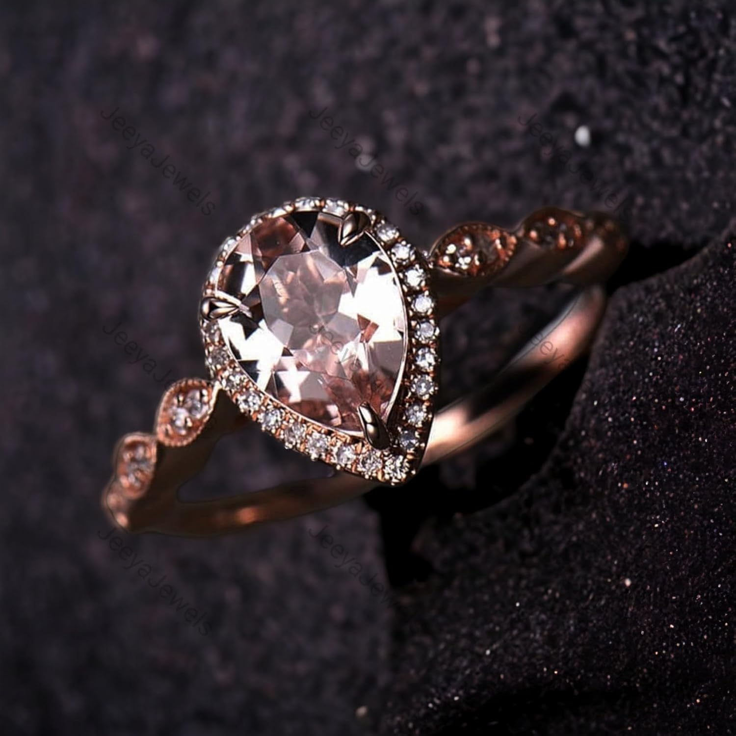 Antique Vintage Morganite Engagement ring 14k Rose Gold Moissanite Halo Art deco half eternity Anniversary ring Pear Cut Valentine Proposal Ring Bridesmaid Everyday Proise Ring