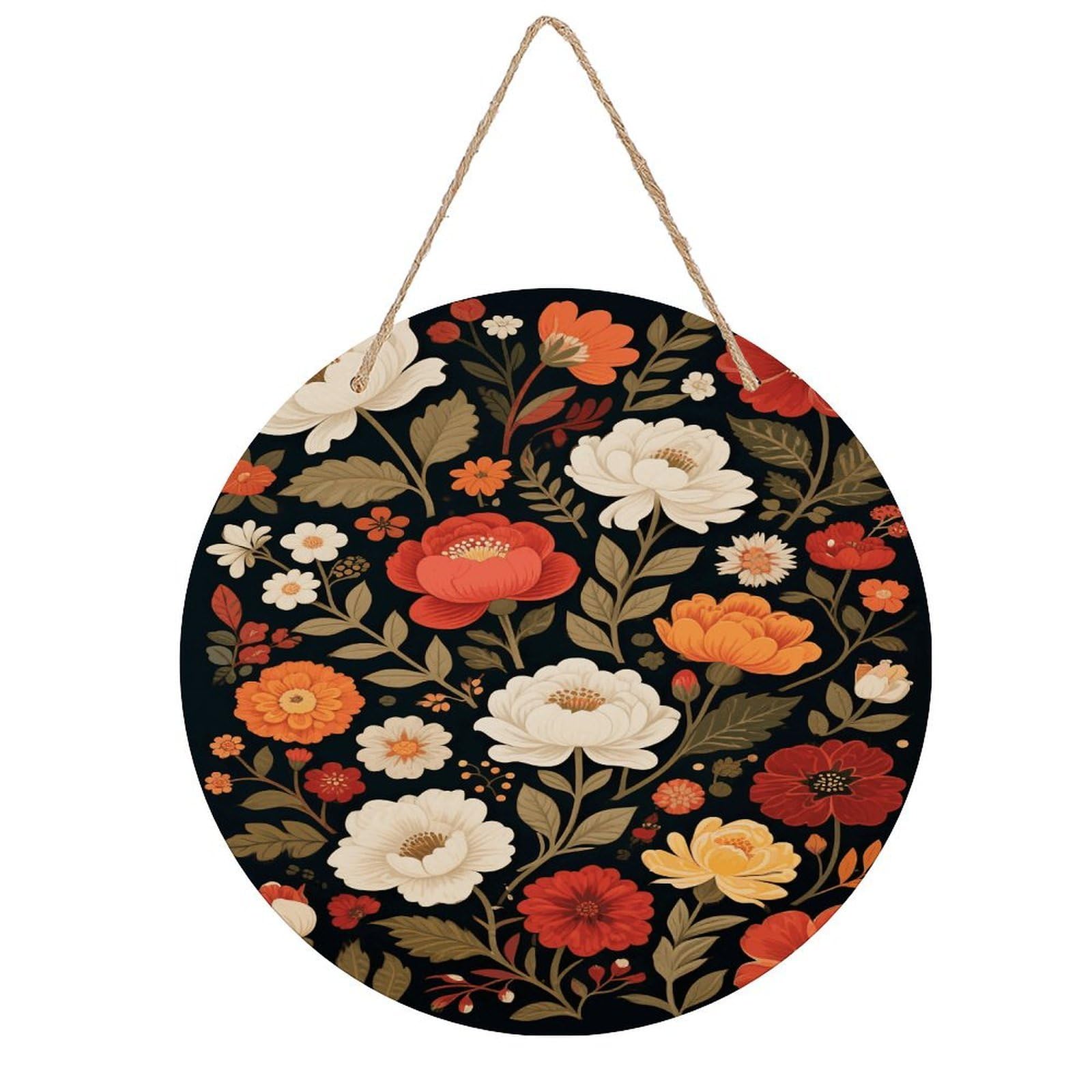 LZQPOEAS Vintage Florals Wall Art Decor Round Wood Hanging Sign Rustic Vintage Wooden Door Hanger with Ropes Decorative Plaque Welcome Sign for Home Indoor Outdoor, 7.9x7.9 in