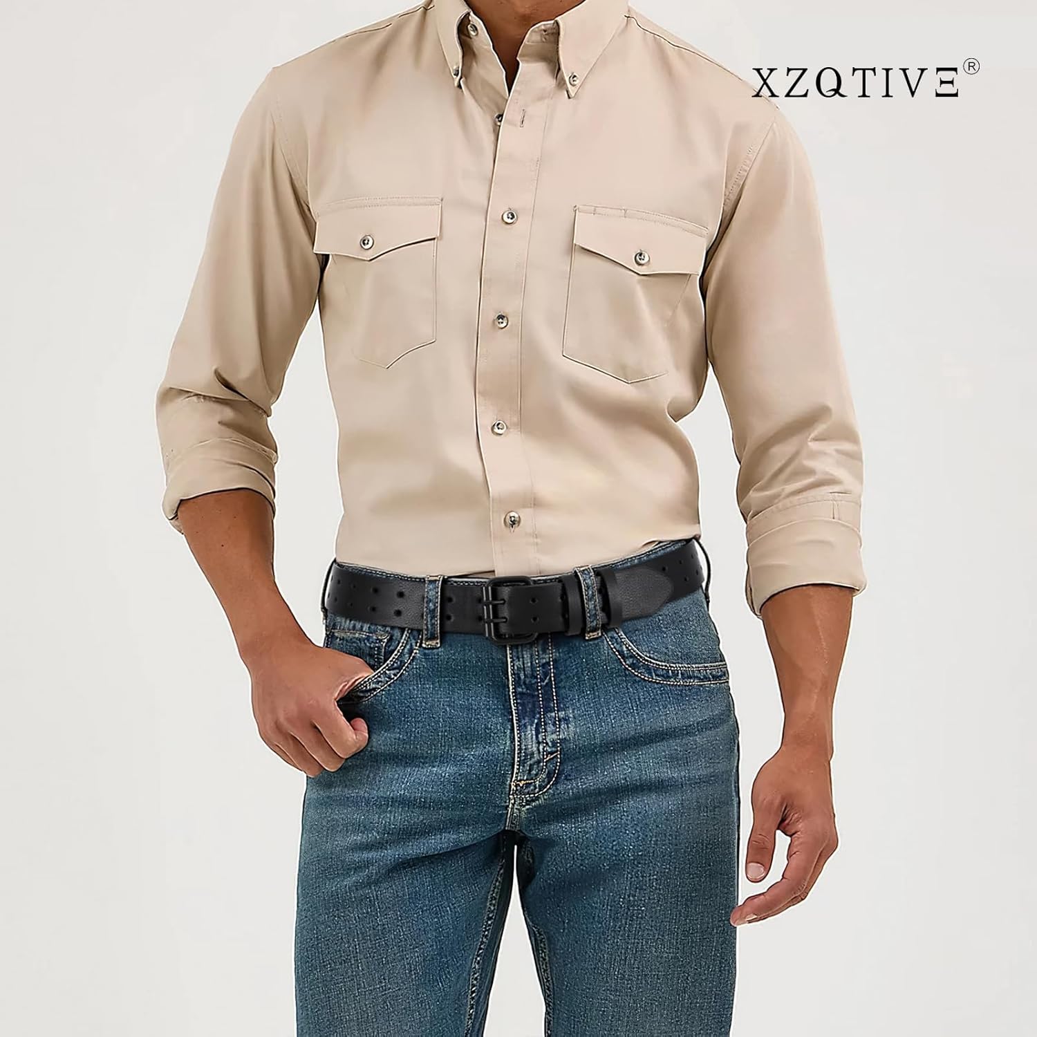 XZQTIVE Men Dual Holes Belt For Jean Pant Casual Leather Belts With Double Prong Buckle - Image 2