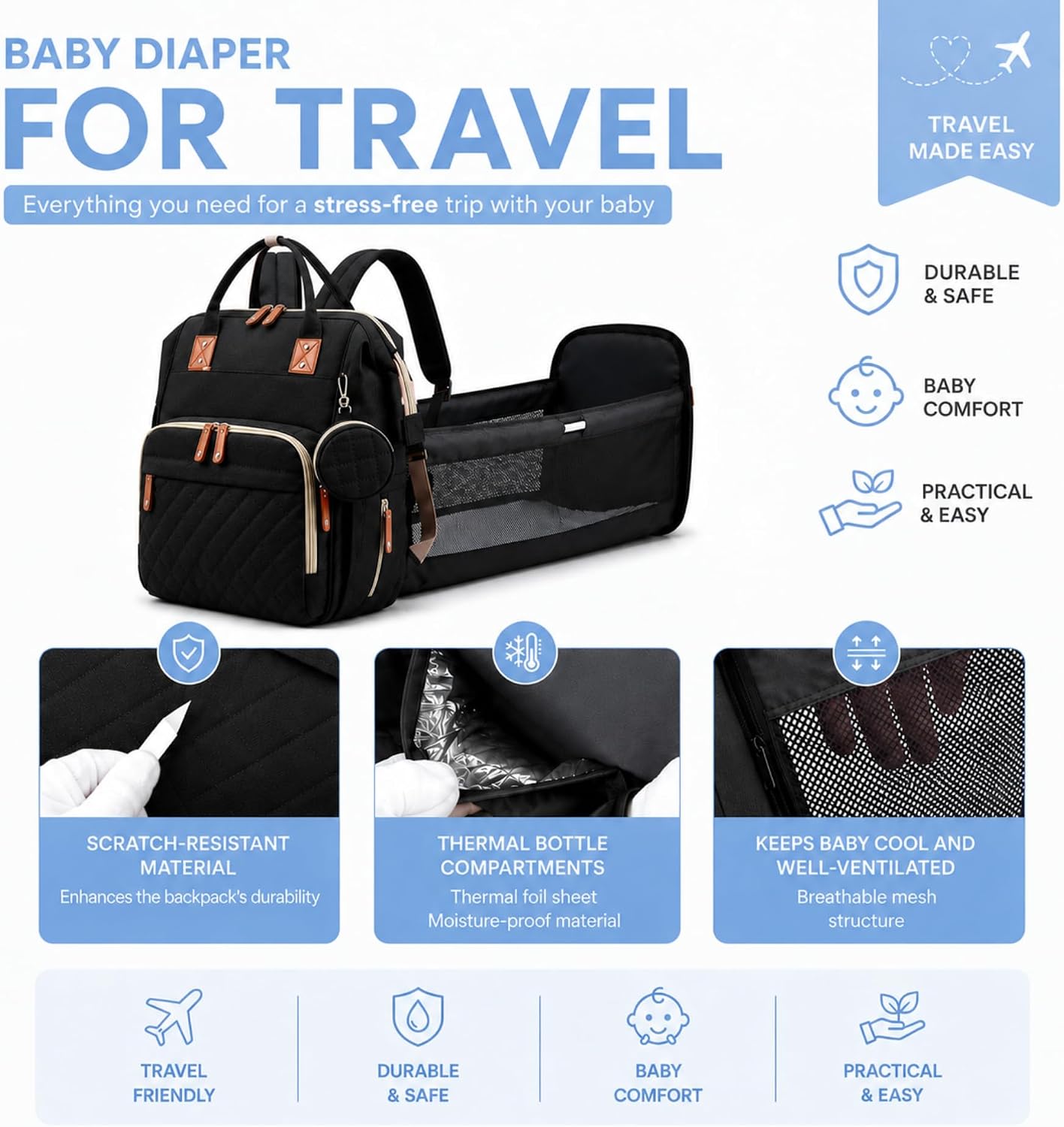 Baby Diaper Backpack with Changing Pad, Waterproof, USB Port, Large Capacity (Black)