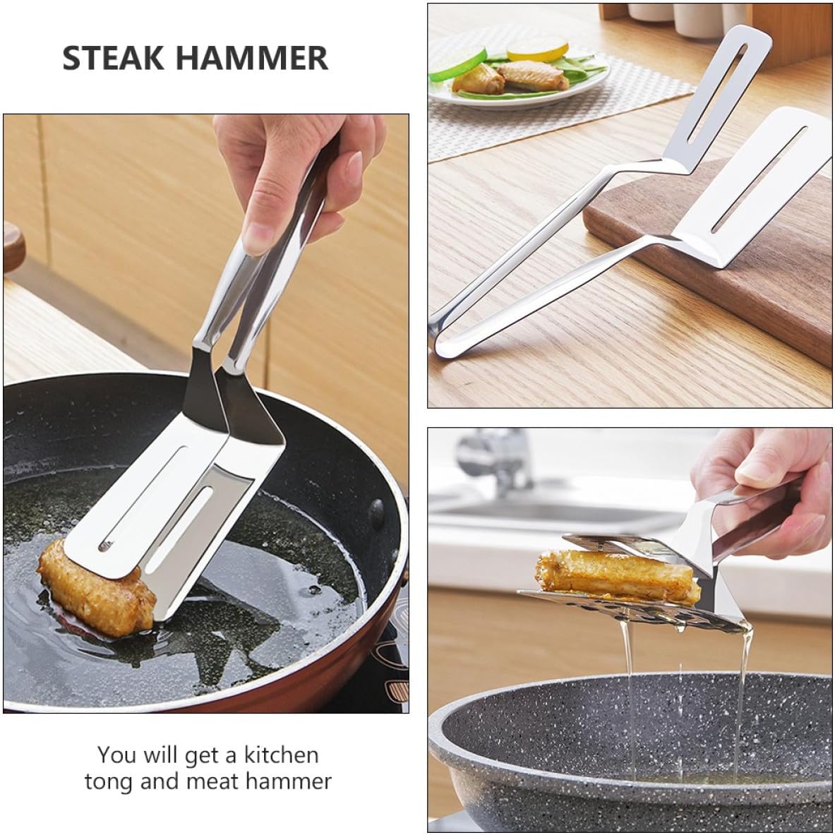 FRCOLOR Stainless Steel Meat Mallet and Steak Hammer Set, 2pcs 304 Stainless Steel Tenderizer Tool with Meat Pounder and Kitchen Tong for Home Cooking and Bbq