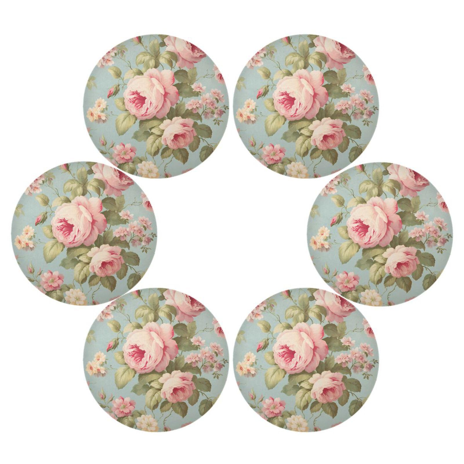 Flower Placemats Vintage Pink Rose Flower Round Placemats Set of 6 for Kitchen Table Washable Table Mats Place Mats