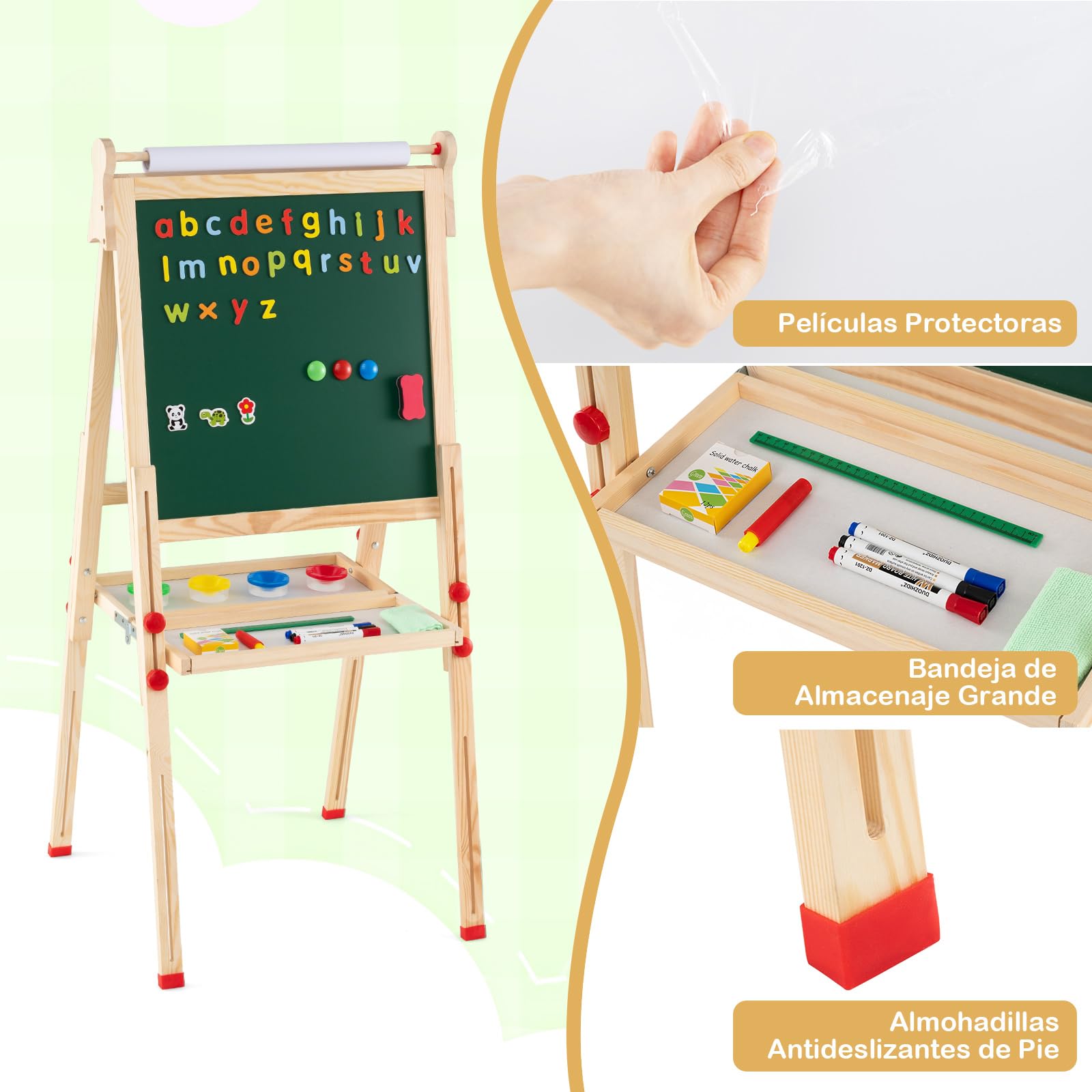 COSTWAY 3 en 1 Pizarra Caballete Infantil, Caballete Plegable con Pizarra Magnética de Doble Cara, Rollo de Papel, Altura Ajustable, Pizarra Magnética Infantil