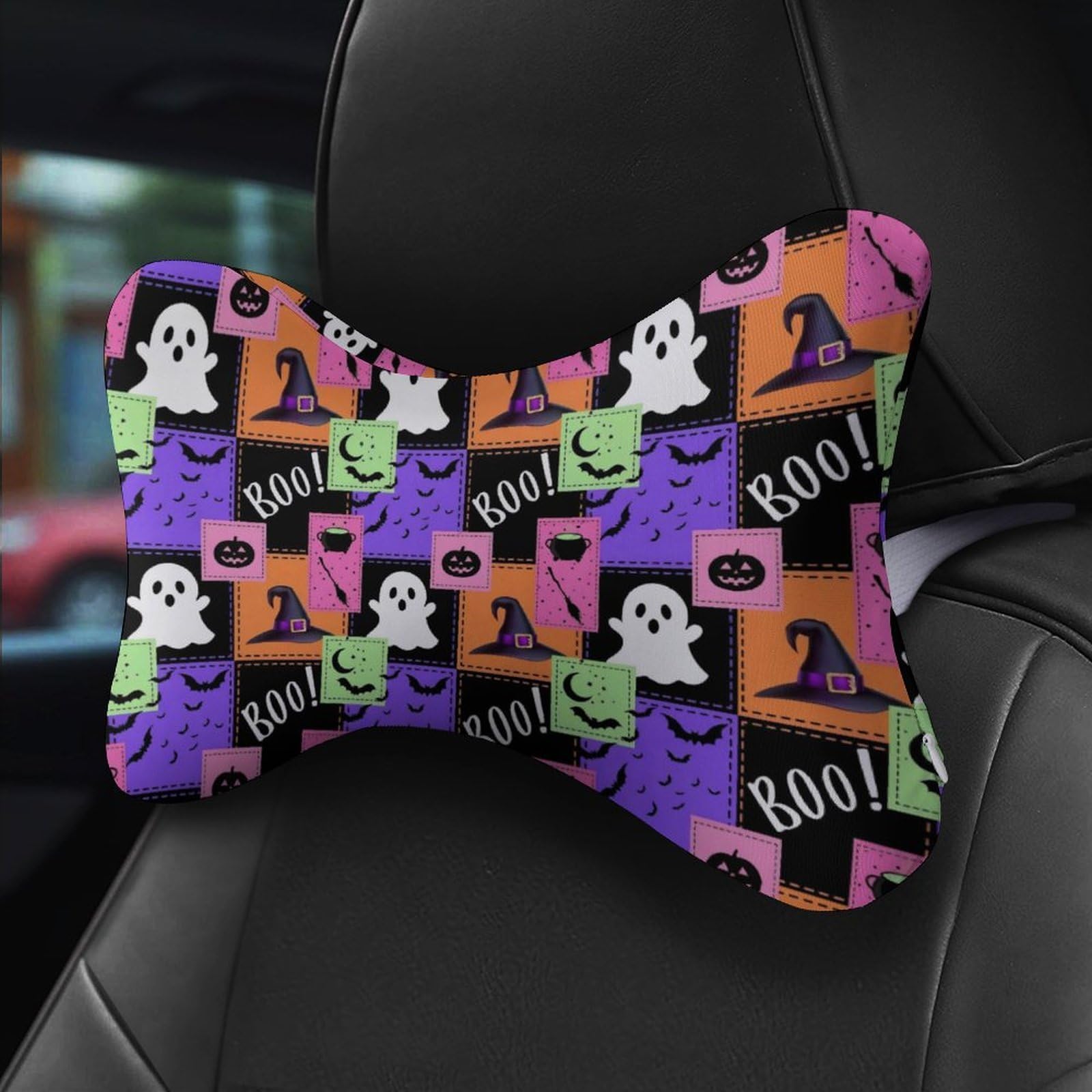 SMAZDFXX Halloween Ghost Witch Hat Bat Car Neck Pillow Set of 2 Car Seat Head Support Cushion Bone Pillows with Elastic Strap