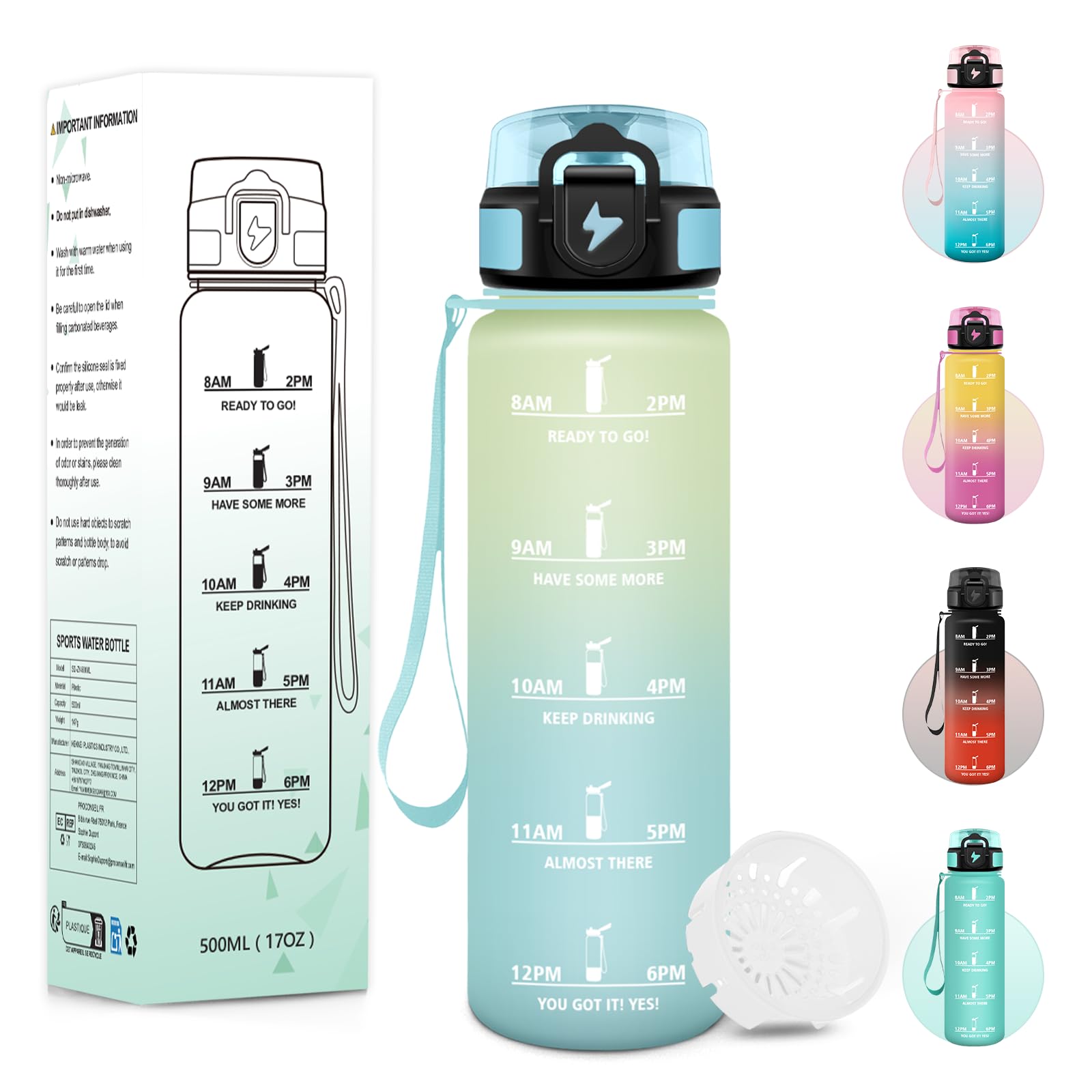 Baramumu Botella Agua, 500 ml Libre de BPA, Botella Agua Niños, Diseño de Cerradura a Prueba de Fugas, cantimplora, Con Marca de Tiempo, Cantimplora Infantil para Escuela, Deportes - Escarcha&cielo