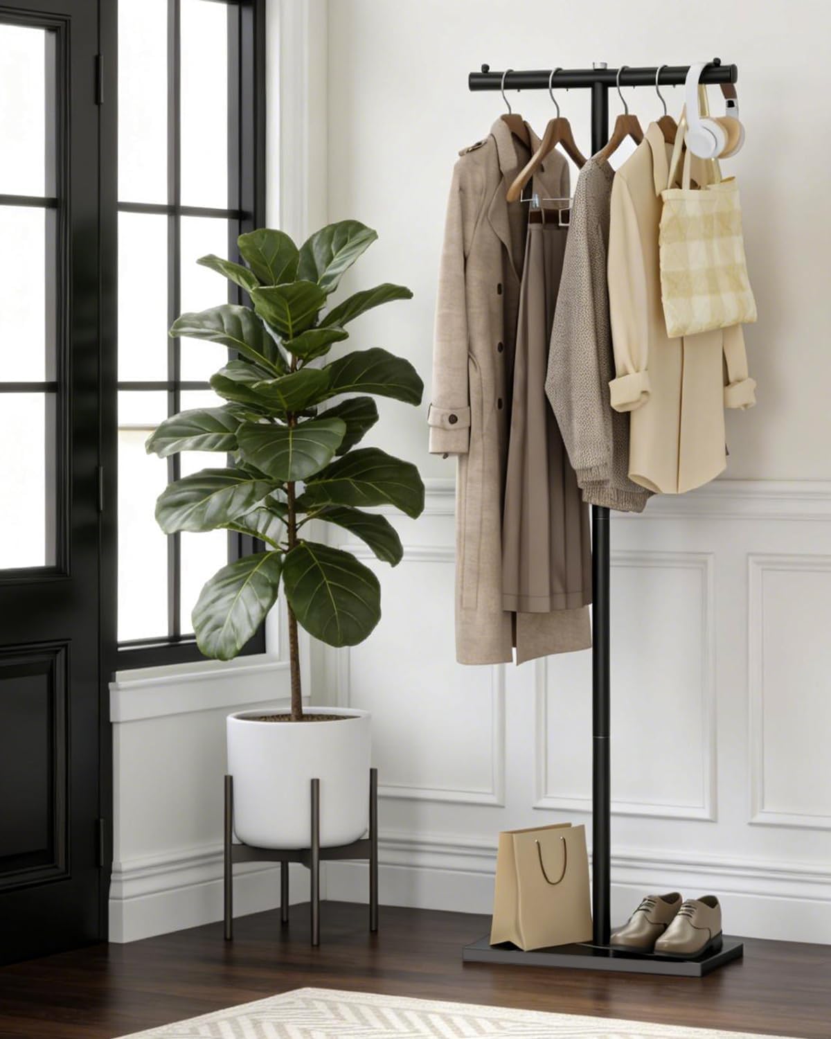 T-shaped Coat Rack Freestanding, Modern Clothes Rack with Rock Slab Base, Heavy-duty Metal Coat Tree for Boutiques, Hallway, Entryway, 68.9 Inches High, Black, GYJ001B