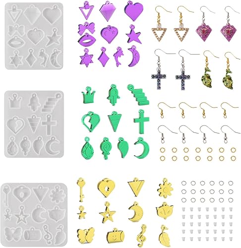 Cheriswelry 3 moldes de silicona para aretes con luna, estrella, corazón, mariposa, hoja, cruz, dijes, colgantes, ganchos, anillos de salto, kit de