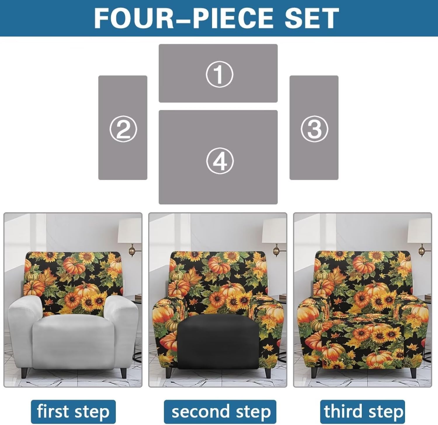 FOR U DESIGNS Pumpkin Sunflower Recliner Slip Cover 4 Pieces for Recliner Chair with Elastic Loops Non Slip Washable Fabric Protector Includes Storage Pockets