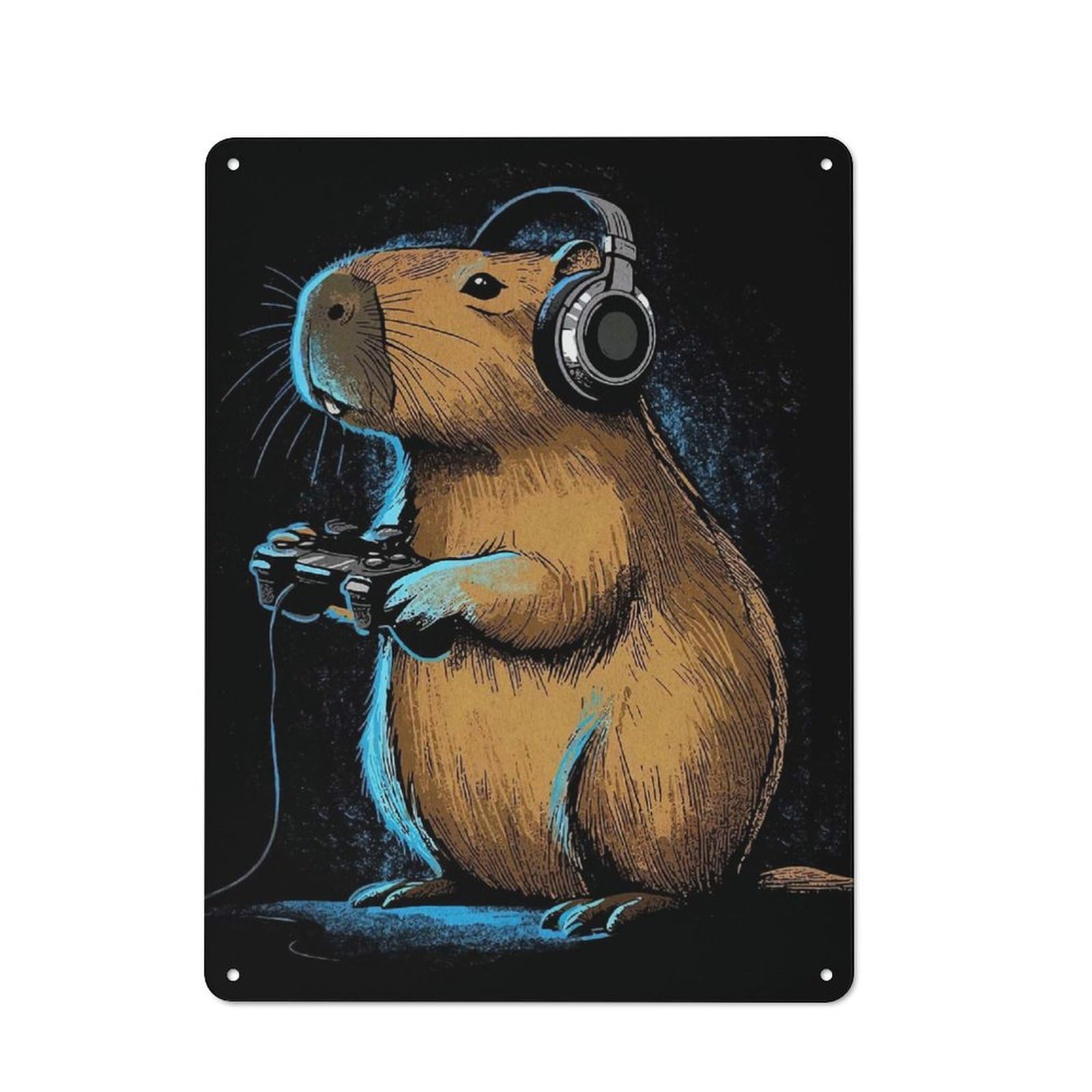 Junmoney Style-9 Metal Sign 40X30cm With Capybara Gamer With Headphones For Workshop Wall, Vintage Decor, For Vintage Wall Decor Fans, For Metal Sign Collectors