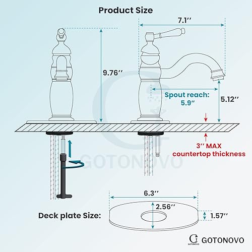 Miniatura 9 de gotonovo Grifo de fregadero de baño para fregadero, 1 agujero, níquel cepillado, mango único, montaje en cubierta, manguera de suministro y orificio