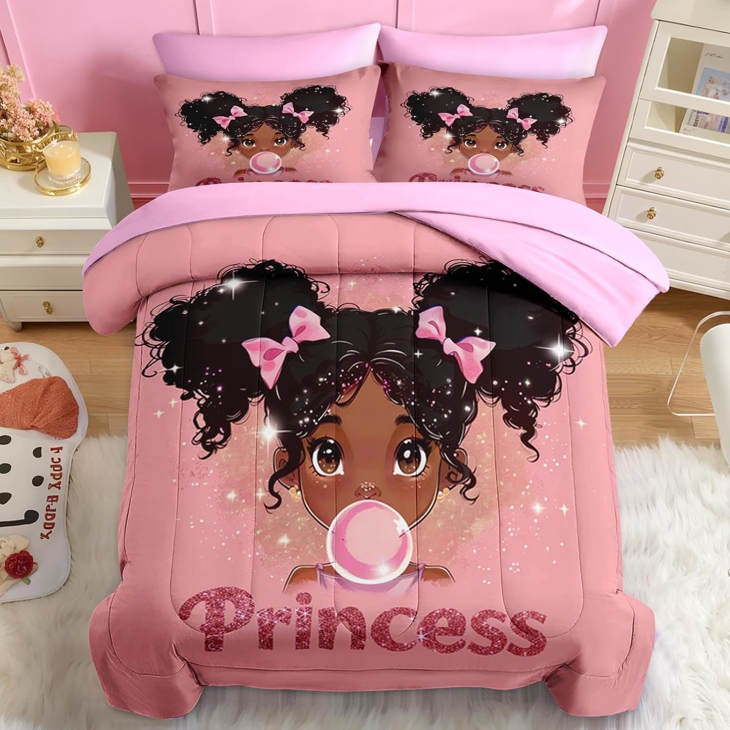 Nesker 5 Pcs Comforter Set Twin Size, African American Princess Bubbles Bedding for Kids Teen, Pink Black Girl Bed Sheet with Pillowcase & Sham - Image 3