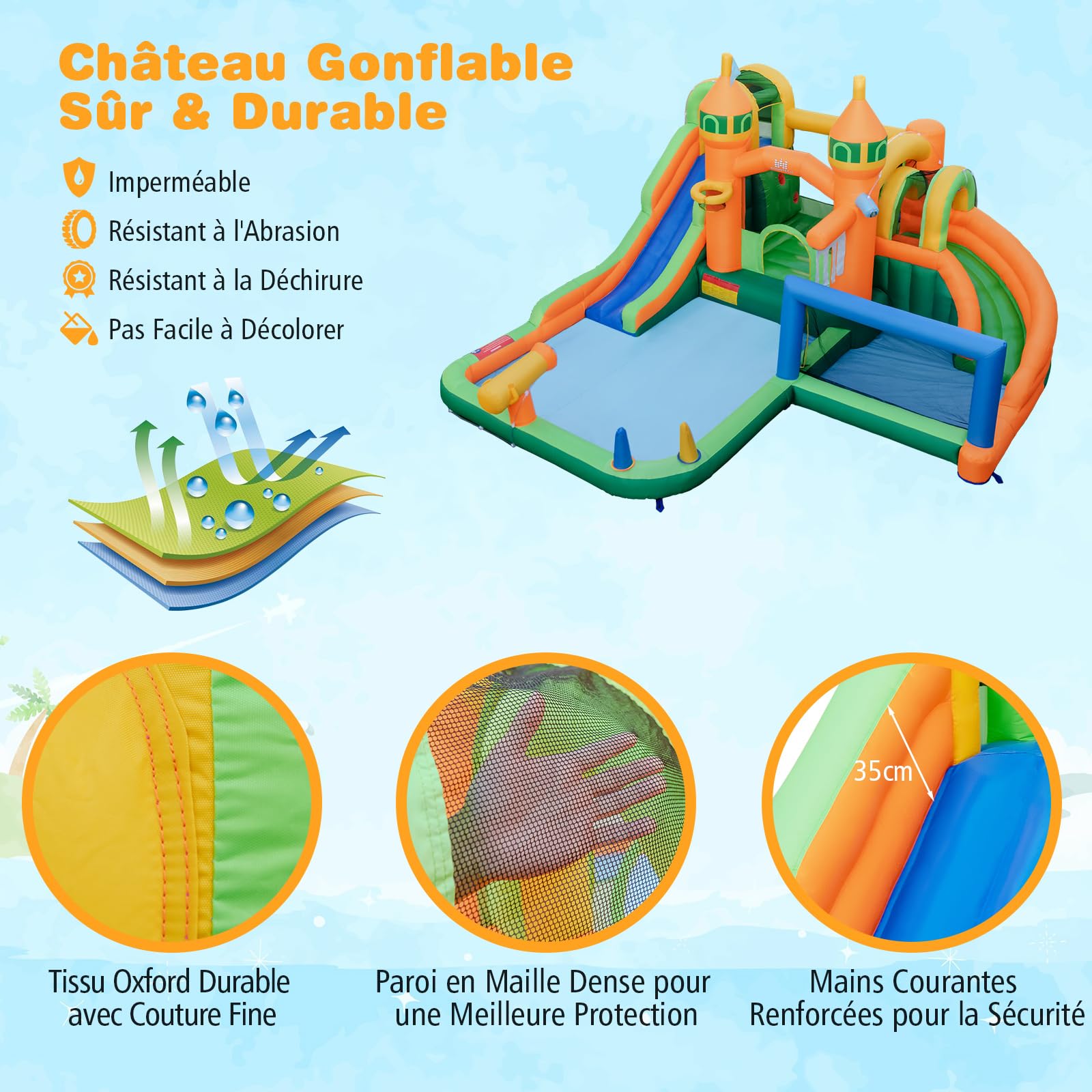 COSTWAY 8 en 1 Château Gonflable avec 2 Toboggans Aquatiques & 2 Piscines, Aire de Jeux Gonflable avec Mur d'escalade & Maison de Saut, Pistolet à Eau, Charge 90kg pour 2 Enfants