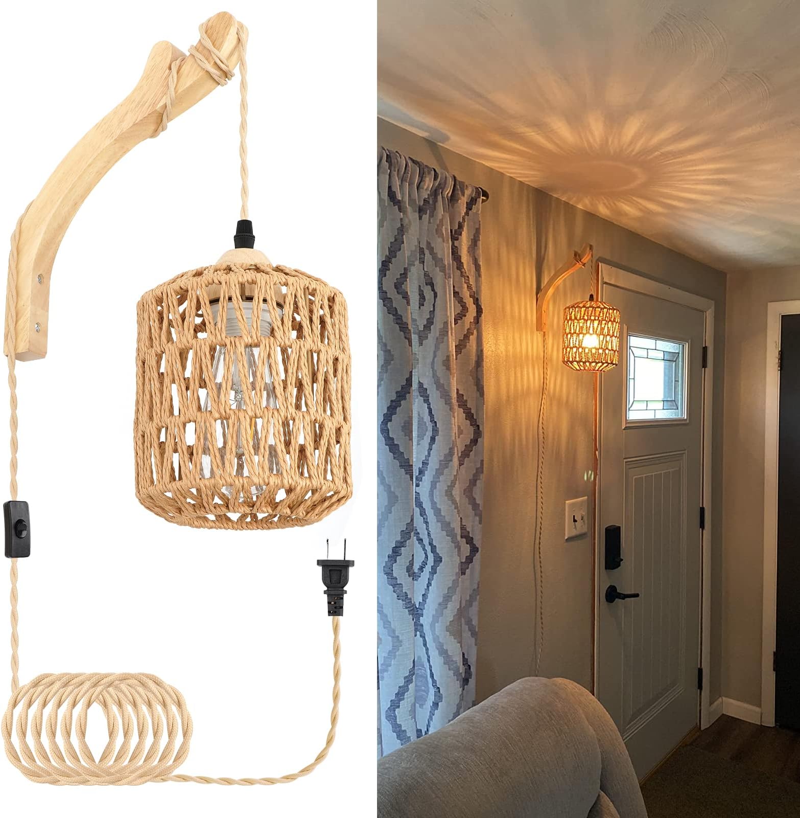 Frideko Rattan Wall Lamp with Plug in Cord Hand Woven Plug in Wall Sconces Paper Rope Wall Light Farmhouse Wall Sconce Wall Mounted Light Boho Wall Sconces Wall Lighting for Bedroom Living Room
