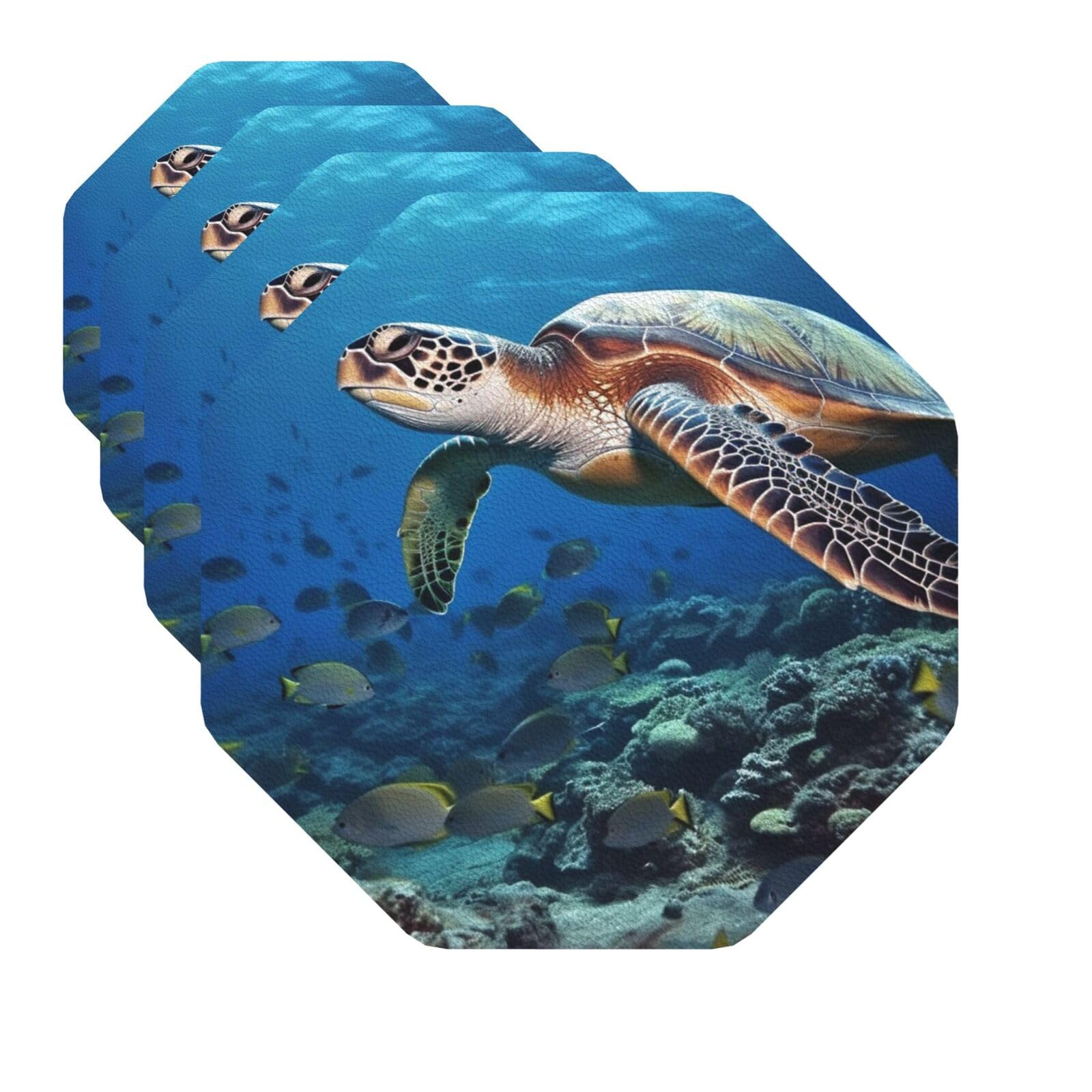 Drink Coasters Set of 4 Quick-Dry Leather Coaster Sea Turtle and Fish Coasters for Drinks Coffee Cup Mat Tabletop Protection Heat Resistant Coaster for Kitchen Bar Office Home Decor