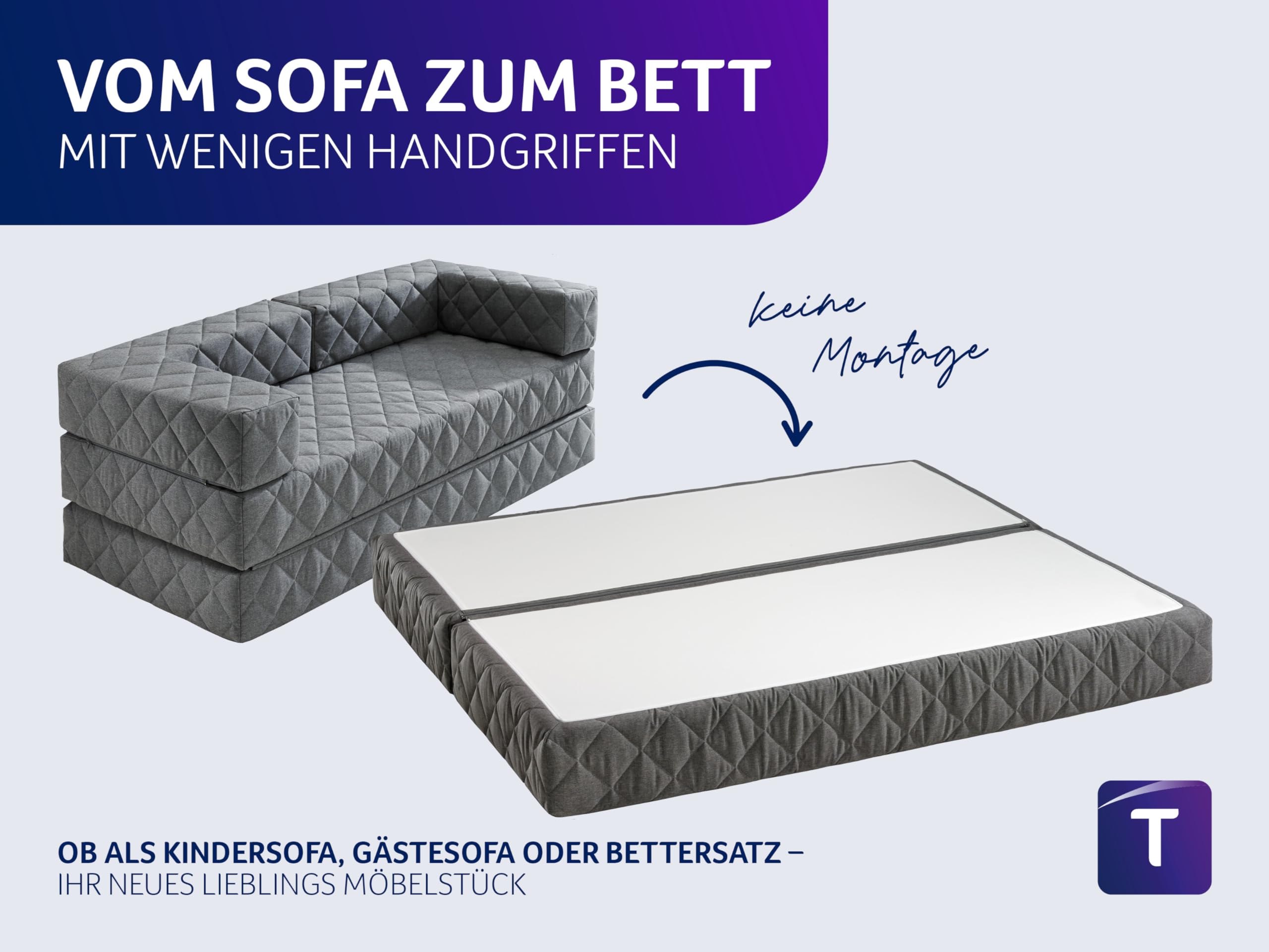 Traumnacht Schlafsofa und Gästesofa mit Schlaffunktion 175x80x65 cm – Grau mit 2 Spitzkissen, abnehmbarer Bezug, für Kinder und Erwachsene