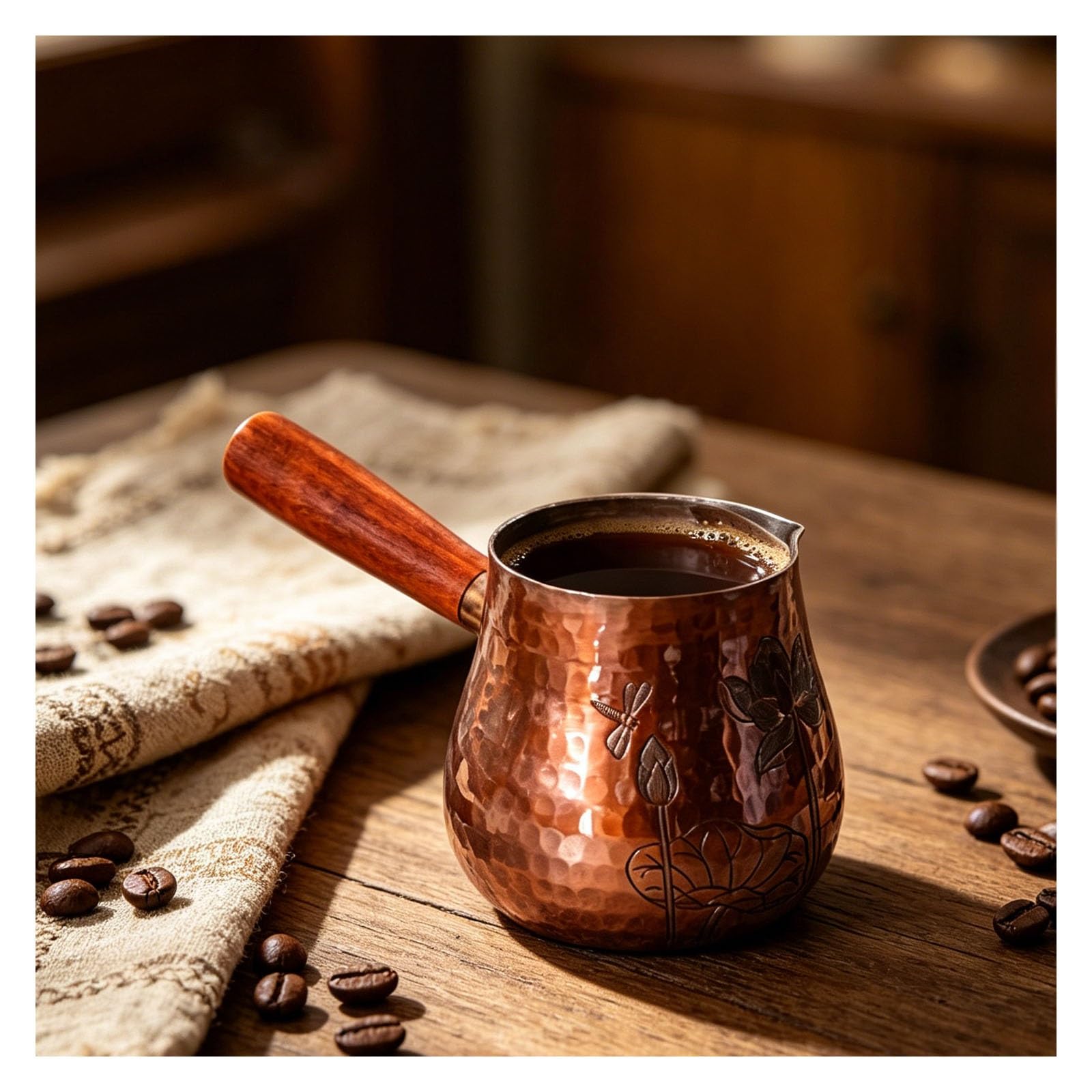 Türkische Kaffeekanne, hitzebeständig, Vintage-Kupfer-Kaffeemaschine mit Ausguss für Herd, ideal zum Aufbrühen von Kaffee, Milchtee und Buttertee, 270 ml Fassungsvermögen