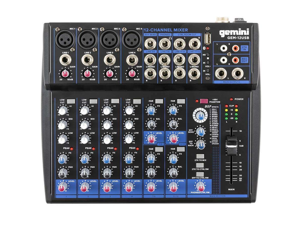 Gemini Sound GEM-12USB - Audio Mixer Analogico a 12 Canali Compact 12 Channel, Inclusi i 4 Canali MIC & Cavo da microfono a mixer Stagg SMC6 da 6 metri XLR (m) -XLR (f), nero
