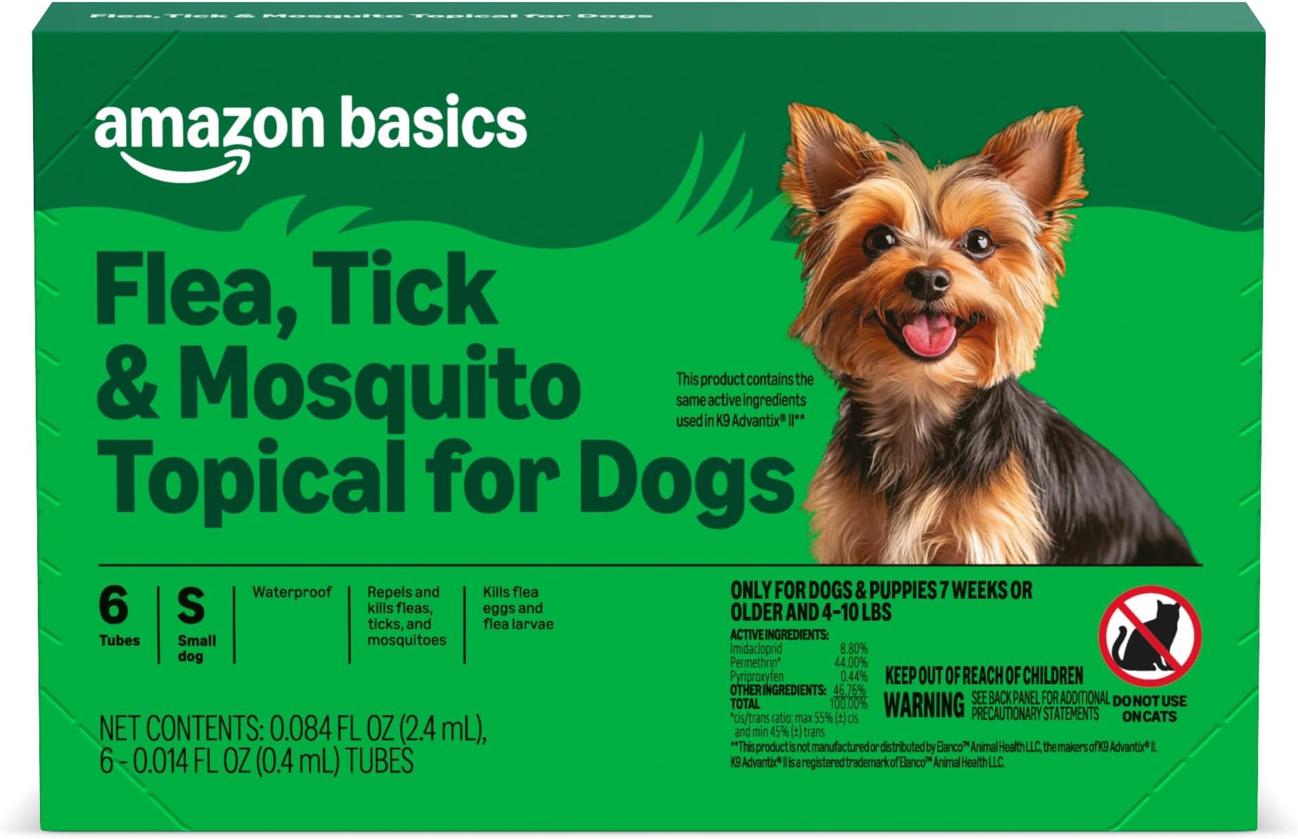 Amazon Basics Preventative Flea, Tick & Mosquito Topical Treatment for Small Dogs (4-10 pounds), 6 Count, Packaging May Vary