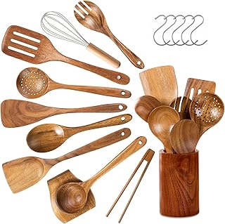 WEKUBA 11 Piece Kitchen Utensil Set, Natural Teak Kitchen Wooden Utensils for Cooking, Wood Utensil Natural Teak Wood Spoo...