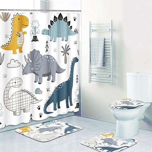 Britimes Juego de 4 cortinas de ducha, diseño de dinosaurio de dibujos animados con alfombras antideslizantes, tapa de inodoro y tapete de baño,