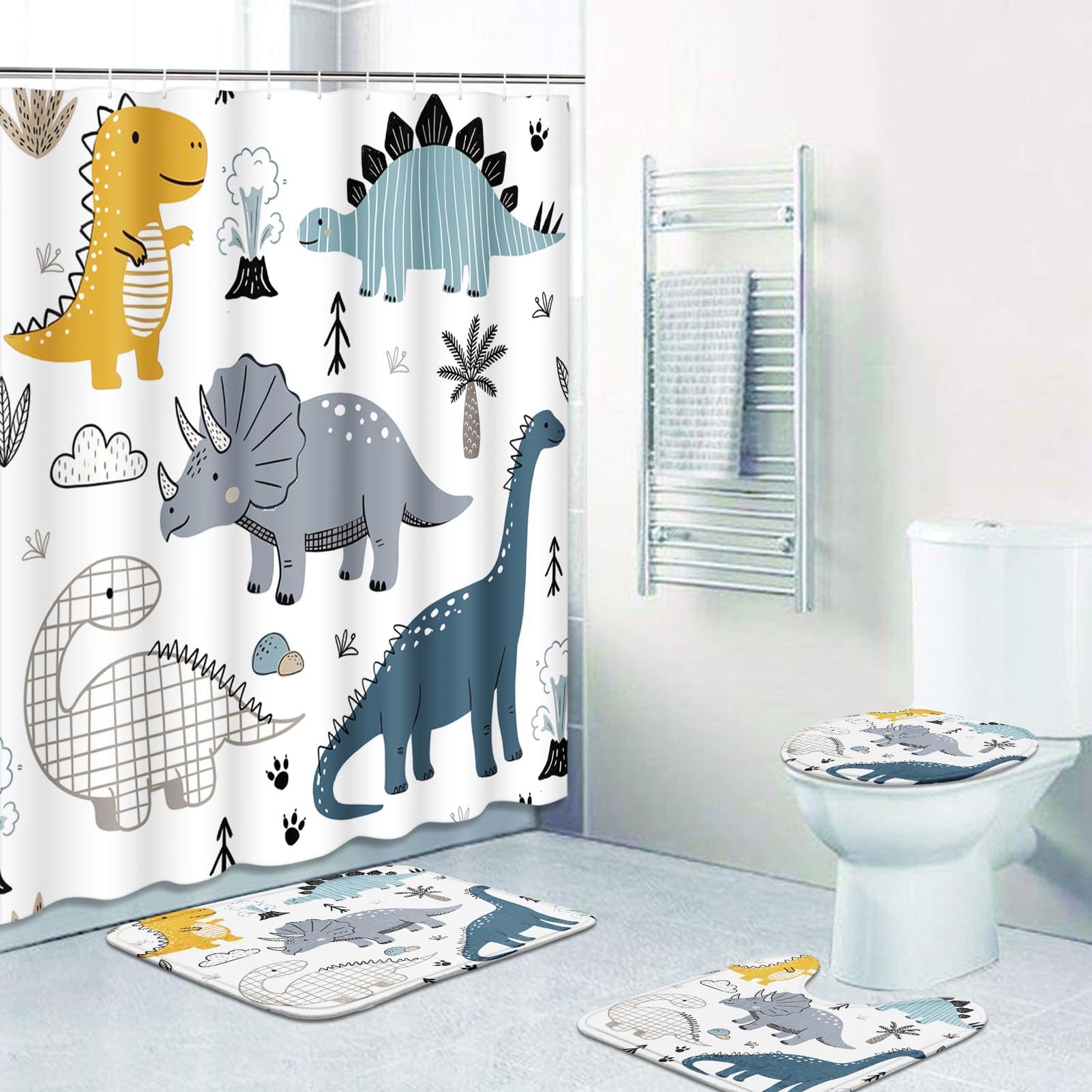 Britimes 4 Piece Shower Curtain Sets, Cartoon Dinosaur with Non-Slip Rugs, Toilet Lid Cover and Bath Mat, for Bathroom Decor Set, 72" x 72"