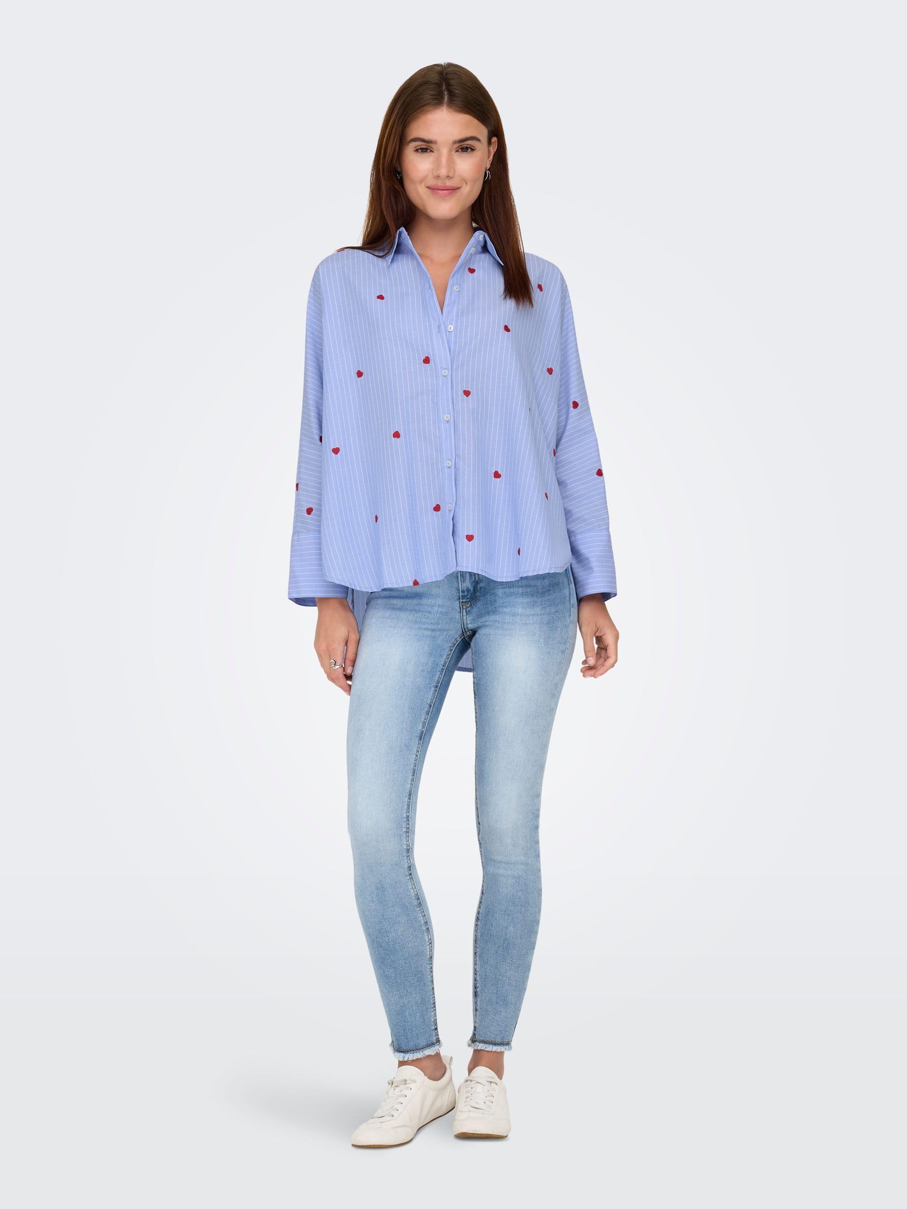 ONLY Onlnew Lina Grace LS Stripe EMB Shirt Femme Chemise Manches Longues Bleu