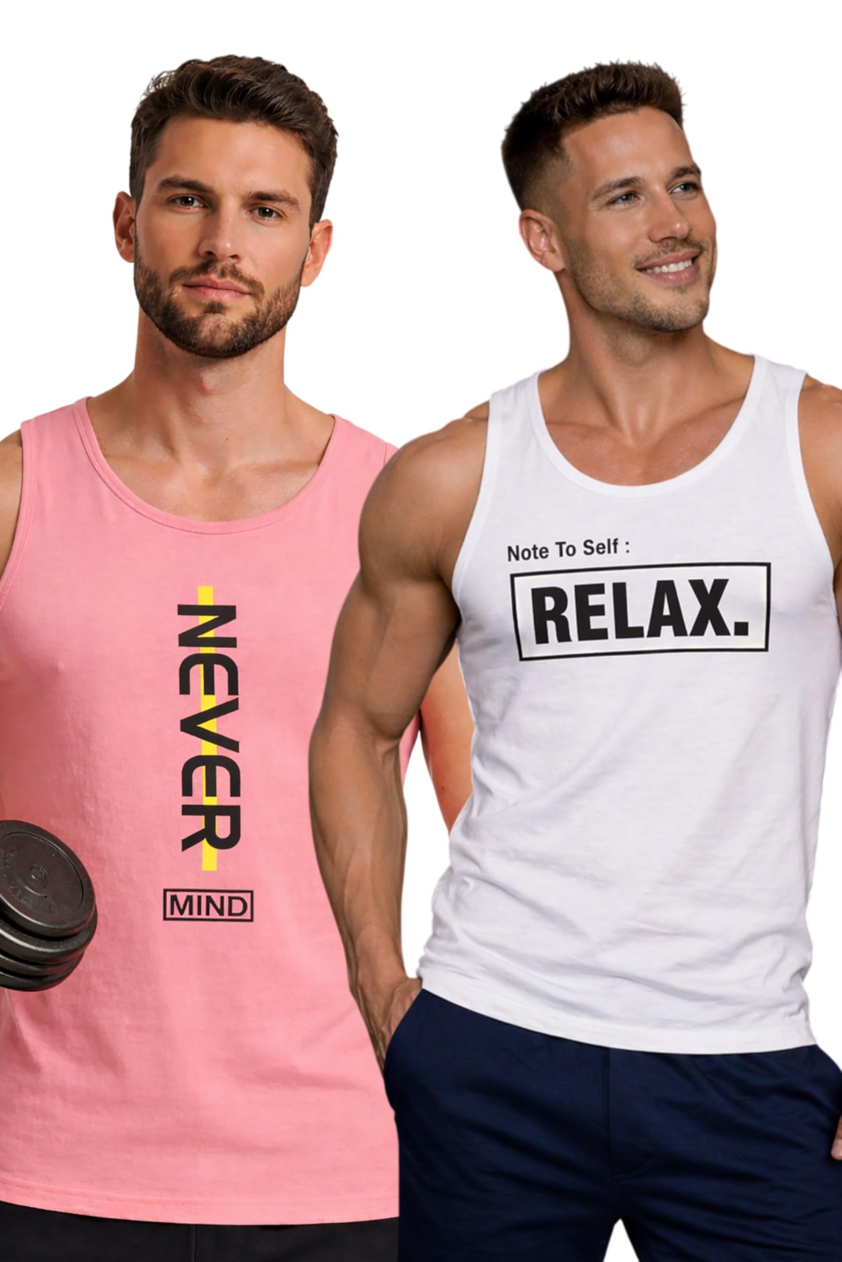 Polyester Letter Printed Vest for Men - Pack of 2 - White & Pink | Round Neck | Sleeveless | Regular Fit | Summer & Gym Wear Tank Top for Men-image-24