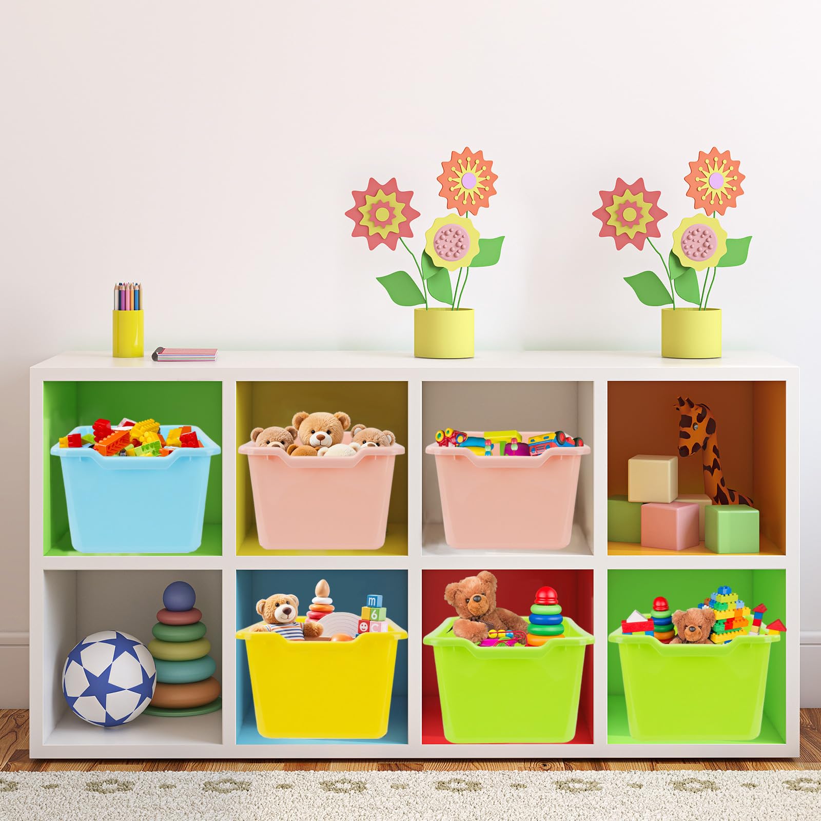 Lot de 12 boîtes de rangement en plastique empilables pour livres, 40 et 30 cm, multifonctions, pour salle de classe, bureau, maison, bibliothèque, chambre d'enfant (4 couleurs)