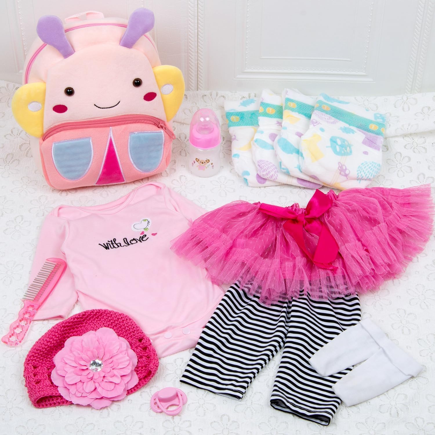 13 Pcs Reborn Baby Doll Clothes Accessories for 18-20 Inch Girl Newborn Baby Doll Clothes Pink Butterfly Backpack Accessories Doll Diaper Set Girl Gift Set