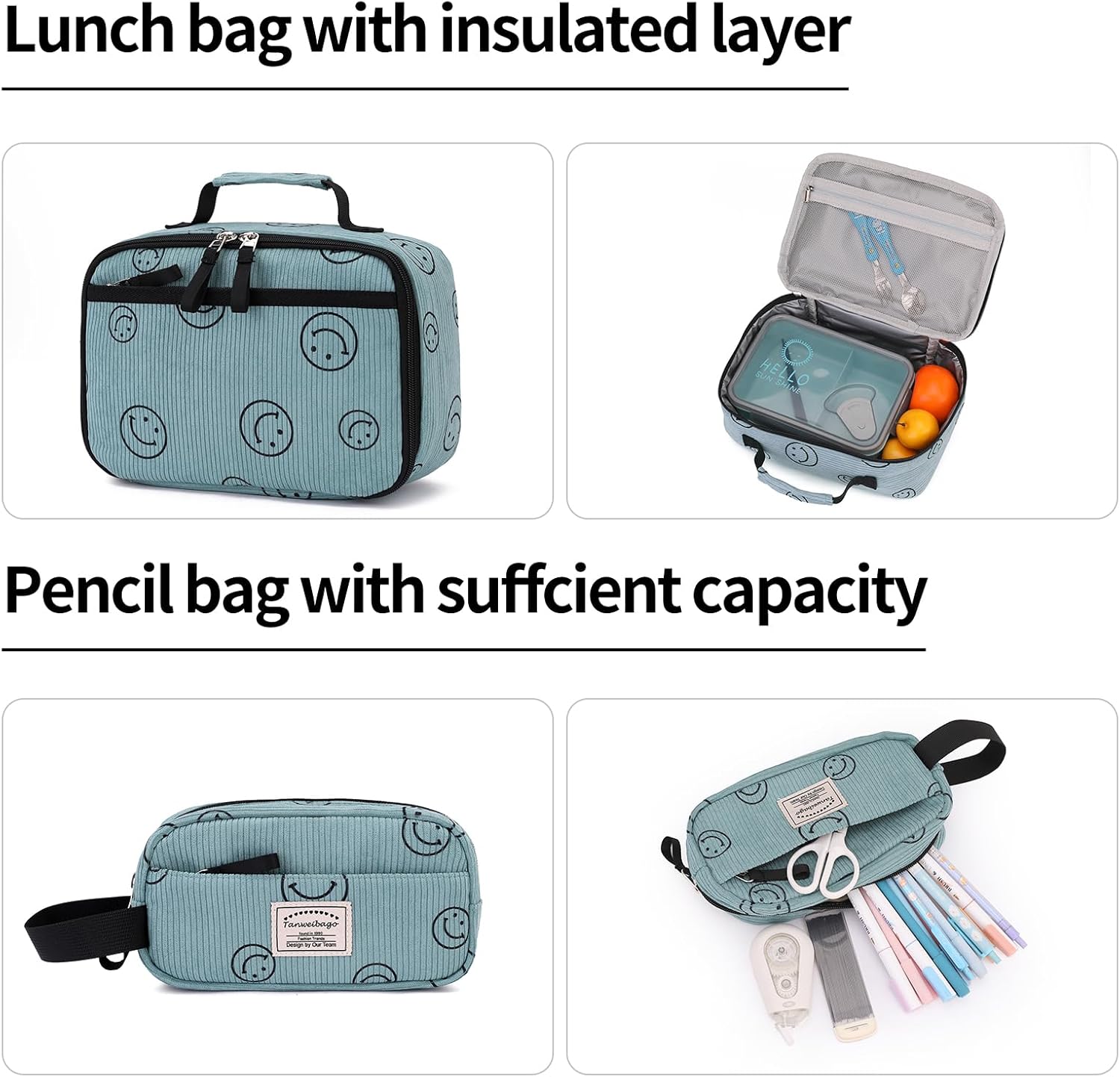 Backpack for Girls Boy Teen Corduroy Bookbags Elementary Middle High School Women Laptop Bag with Lunch Box Pencil Bag (Smile Green) - Image 5