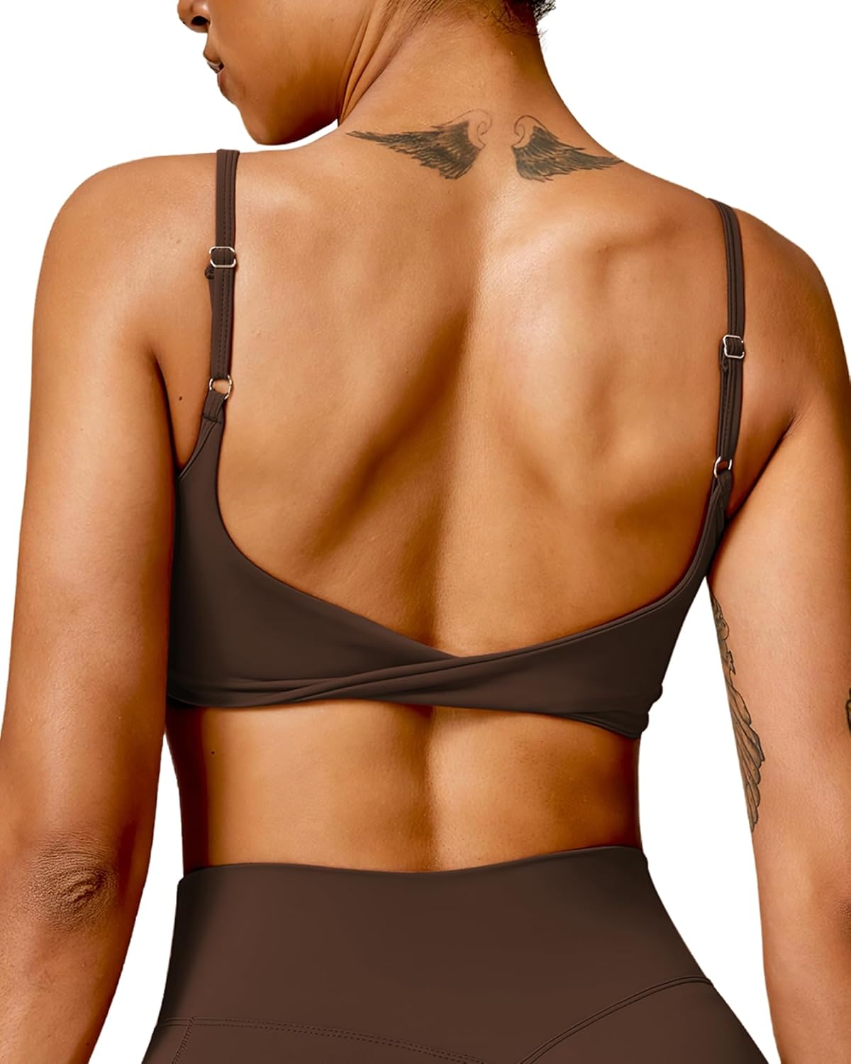 QUOJIZY Sports Bras for Women Open Back Workout Tops for Women Yoga Bra Spaghetti Straps Twist Back
