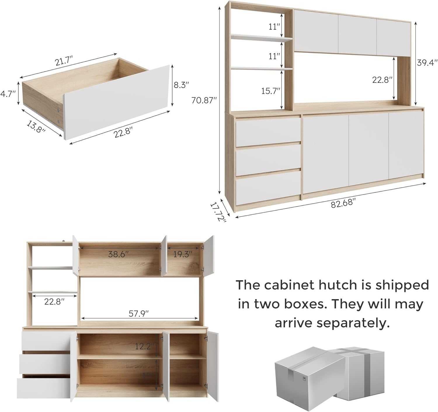Bobve Large Kitchen Hutch Cabinet with Microwave Stand, Storage Cupboard Pantry with 3-Tier External Shelves and 3 Drawers, Ktichen Food Pantry with Open Countertop for Dining Room, White + Walnut