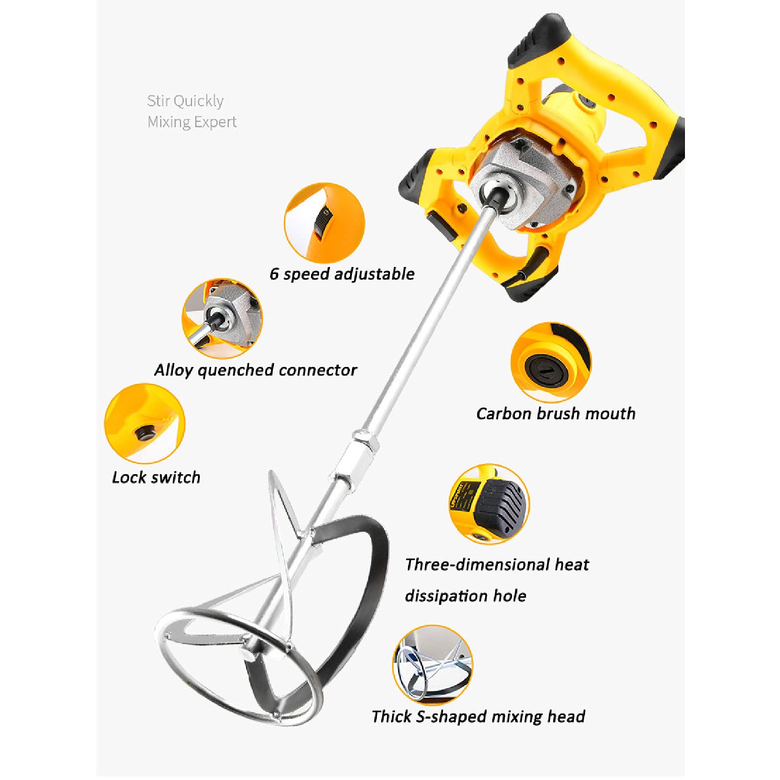 Mezclador de Cemento eléctrico de Mano de 2400 W, Ajustable, con 6 velocidades, para hormigón, mortero, lechada y Yeso (Amarillo)