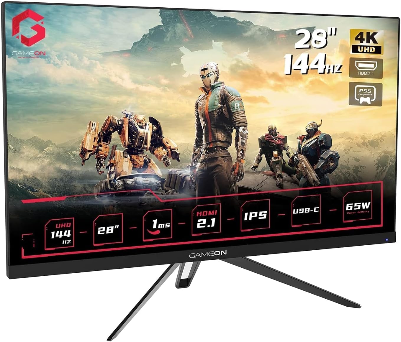 GAMEON GO28UHDIPS 28" 4K UHD, 144Hz, 1ms, HDMI 2.1 Gaming Monitor (Support PS5) with GAMEON Pole-Mounted Gas Spring Single Monitor Arm