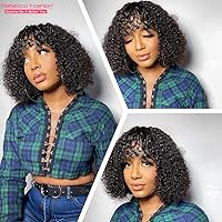Vista 2 de Rebecca Fashion Peluca de cabello humano rizado con flequillo de 10 pulgadas, peluca de cabello humano corto rizado con ondas de agua, pelucas